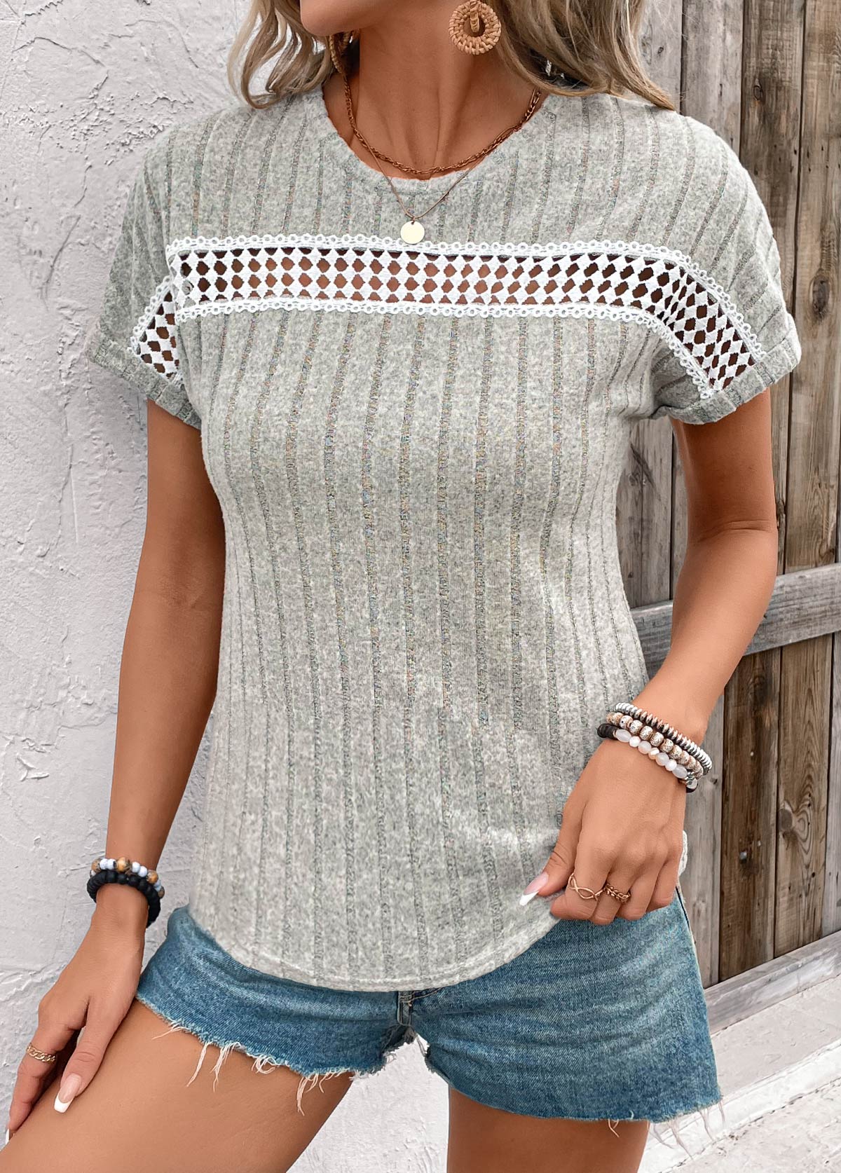 Light Grey tops,Plain Color tops,Patchwork Light Grey Round Neck Short Sleeve T Shirt