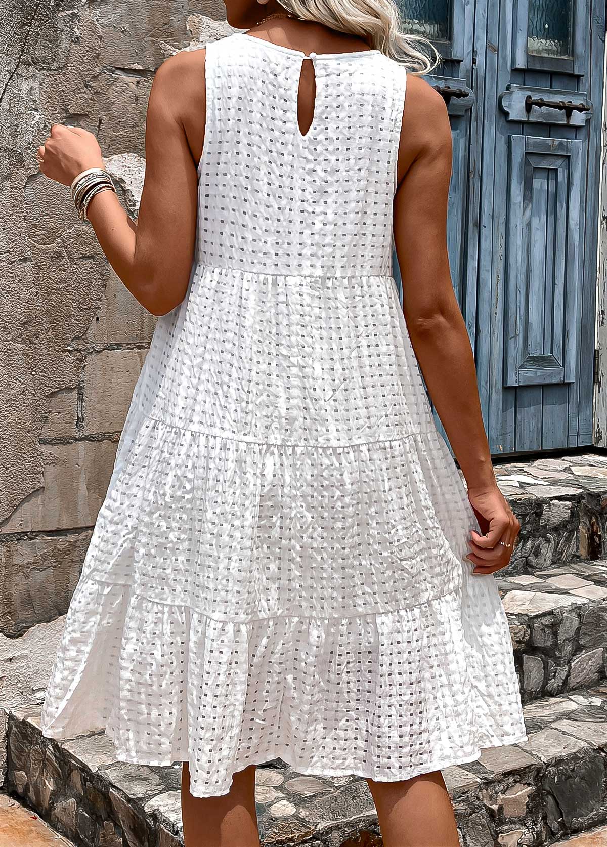 White dresses,Plain Color dresses,Vacation dresses,Vacation dresses,ROTITA Breathable White Round Neck Sleeveless Dress