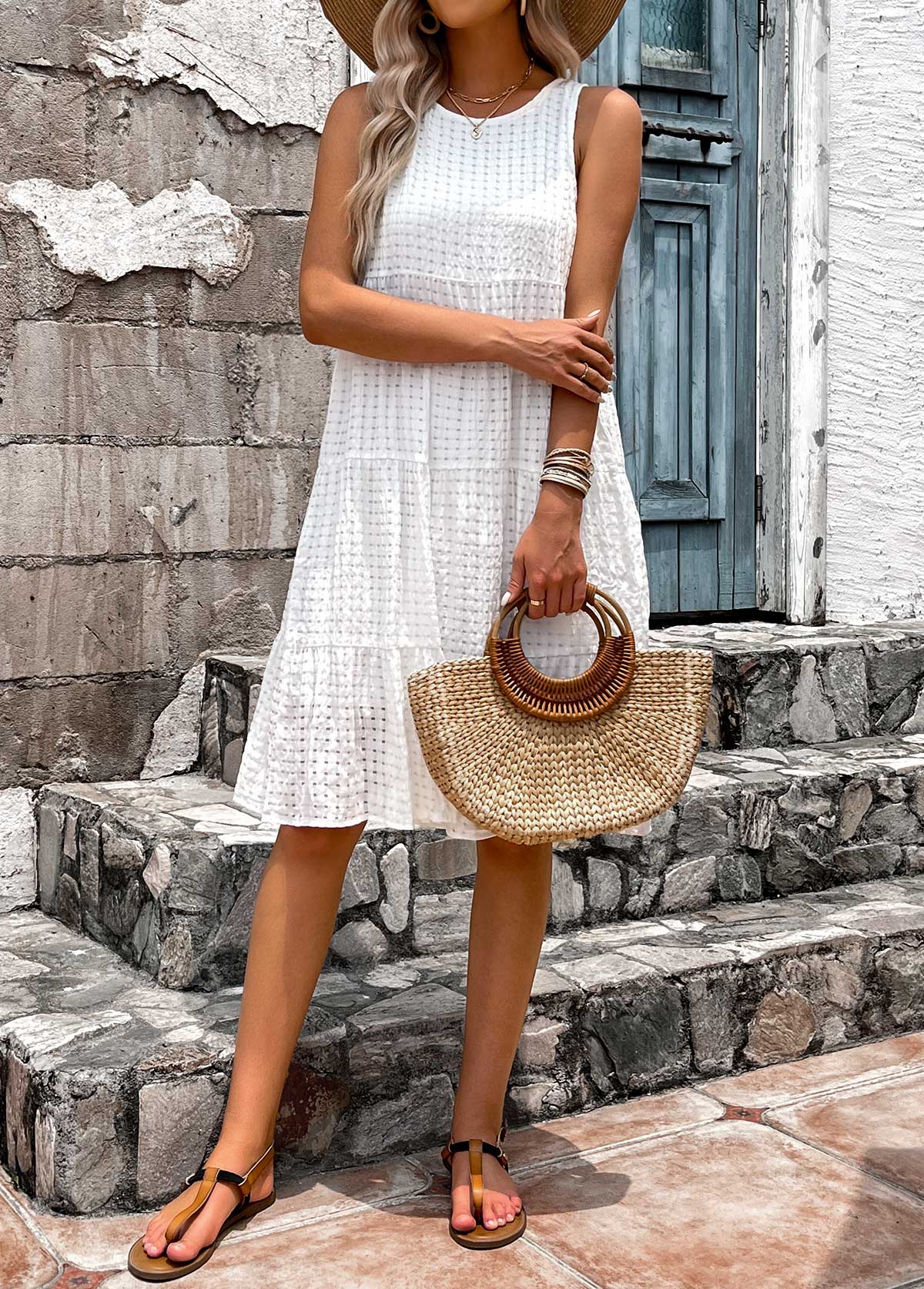 White dresses,Plain Color dresses,Vacation dresses,Vacation dresses,ROTITA Breathable White Round Neck Sleeveless Dress