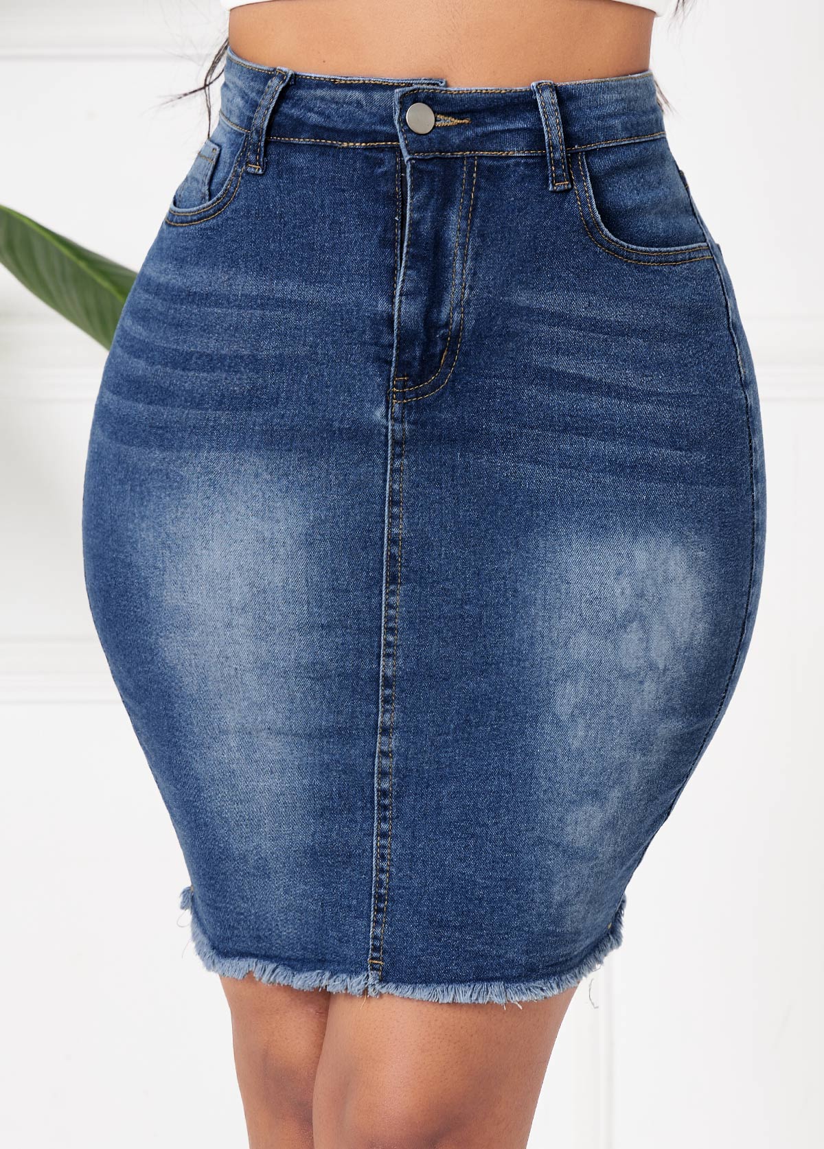 Denim Blue bottoms,Plain Color bottoms,Denim Blue Button Fly Bodycon Skirt