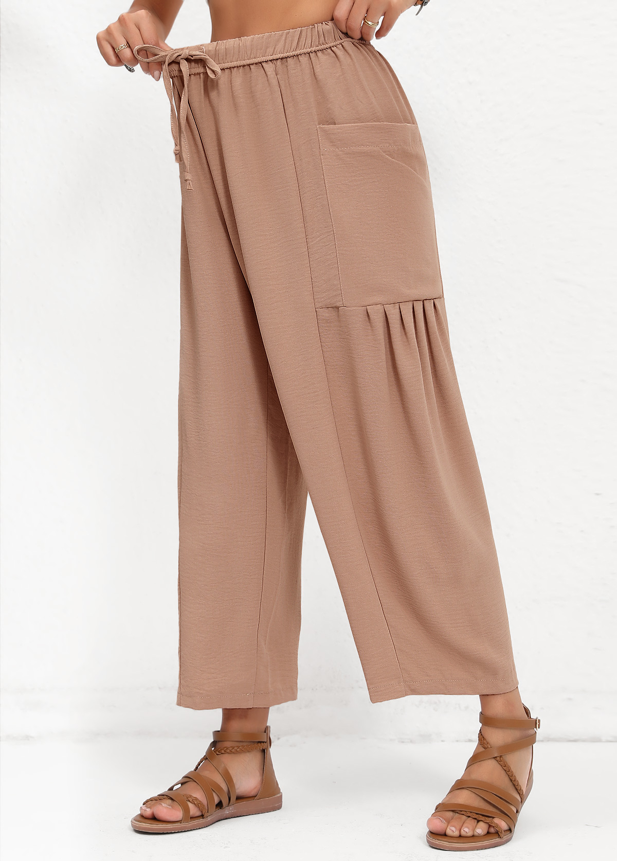 Light Coffee bottoms,Plain Color bottoms,Pocket Light Coffee Elastic Waist High Waisted Pants