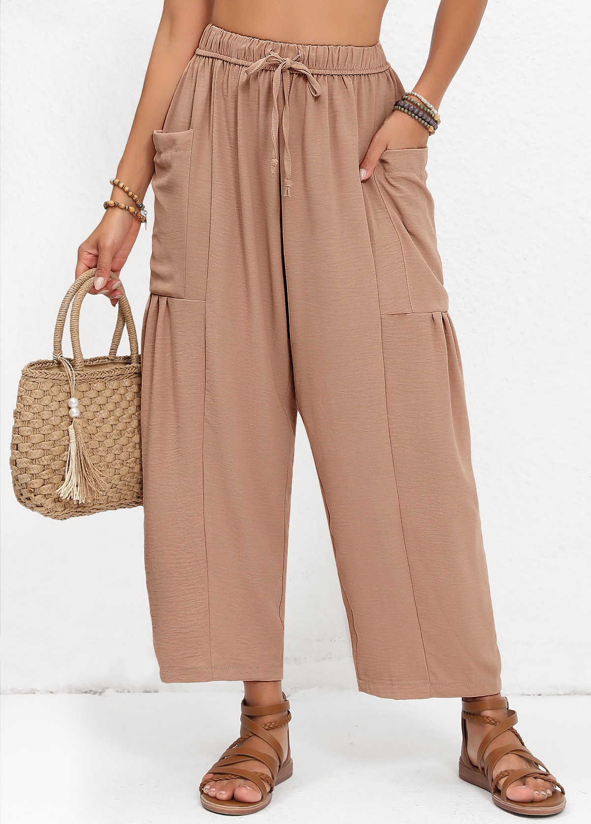 Light Coffee bottoms,Plain Color bottoms,Pocket Light Coffee Elastic Waist High Waisted Pants