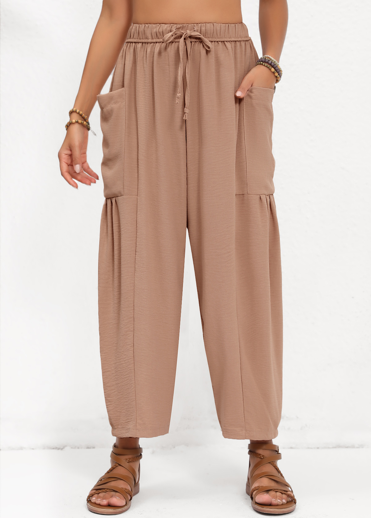 Light Coffee bottoms,Plain Color bottoms,Pocket Light Coffee Elastic Waist High Waisted Pants