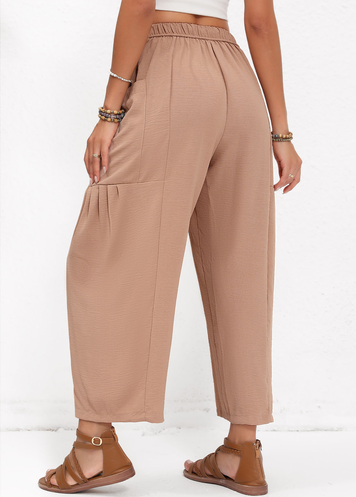 Light Coffee bottoms,Plain Color bottoms,Pocket Light Coffee Elastic Waist High Waisted Pants