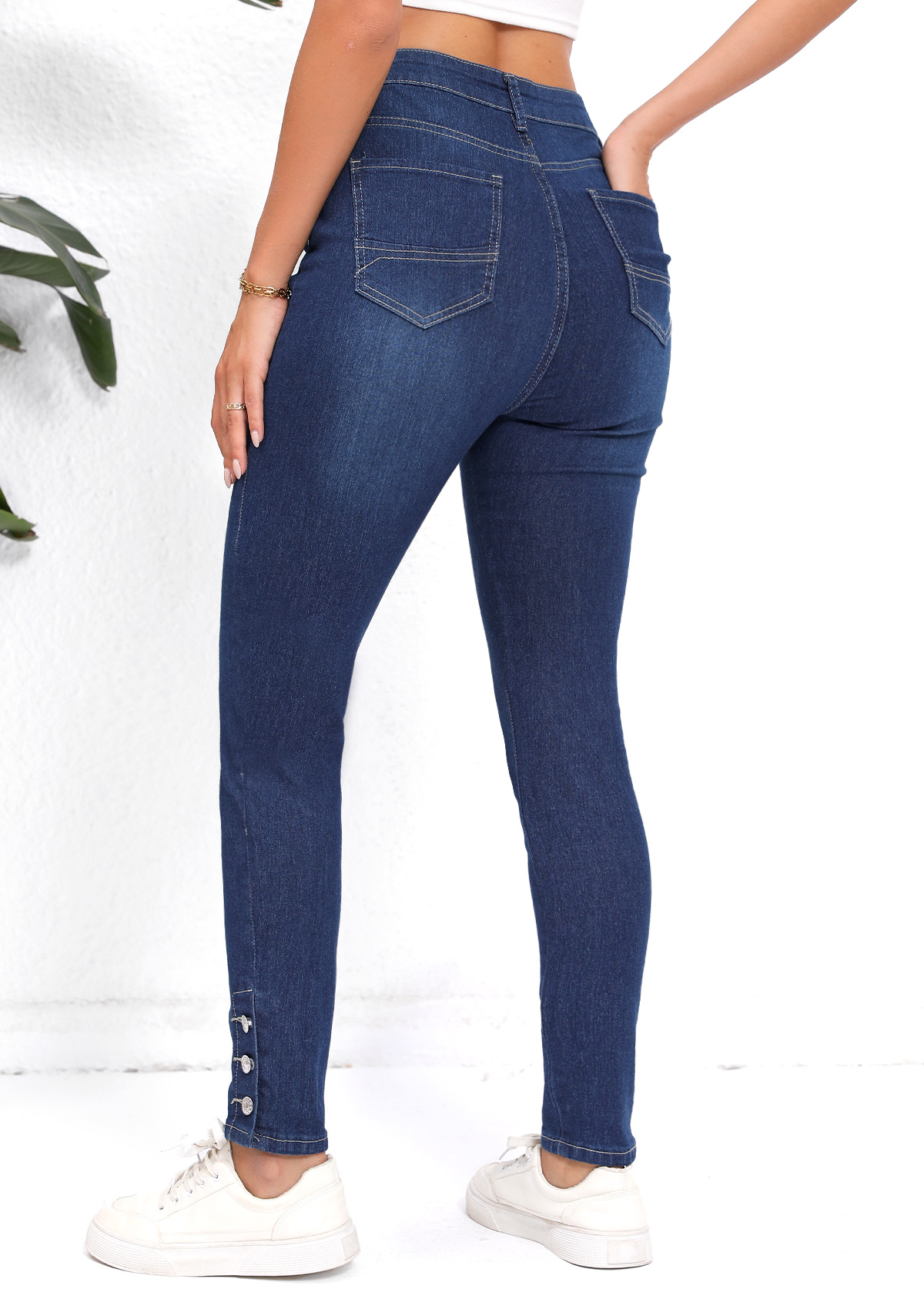 Denim Blue bottoms,Plain Color bottoms,Pocket Denim Blue Skinny Button Fly High Waisted Jeans