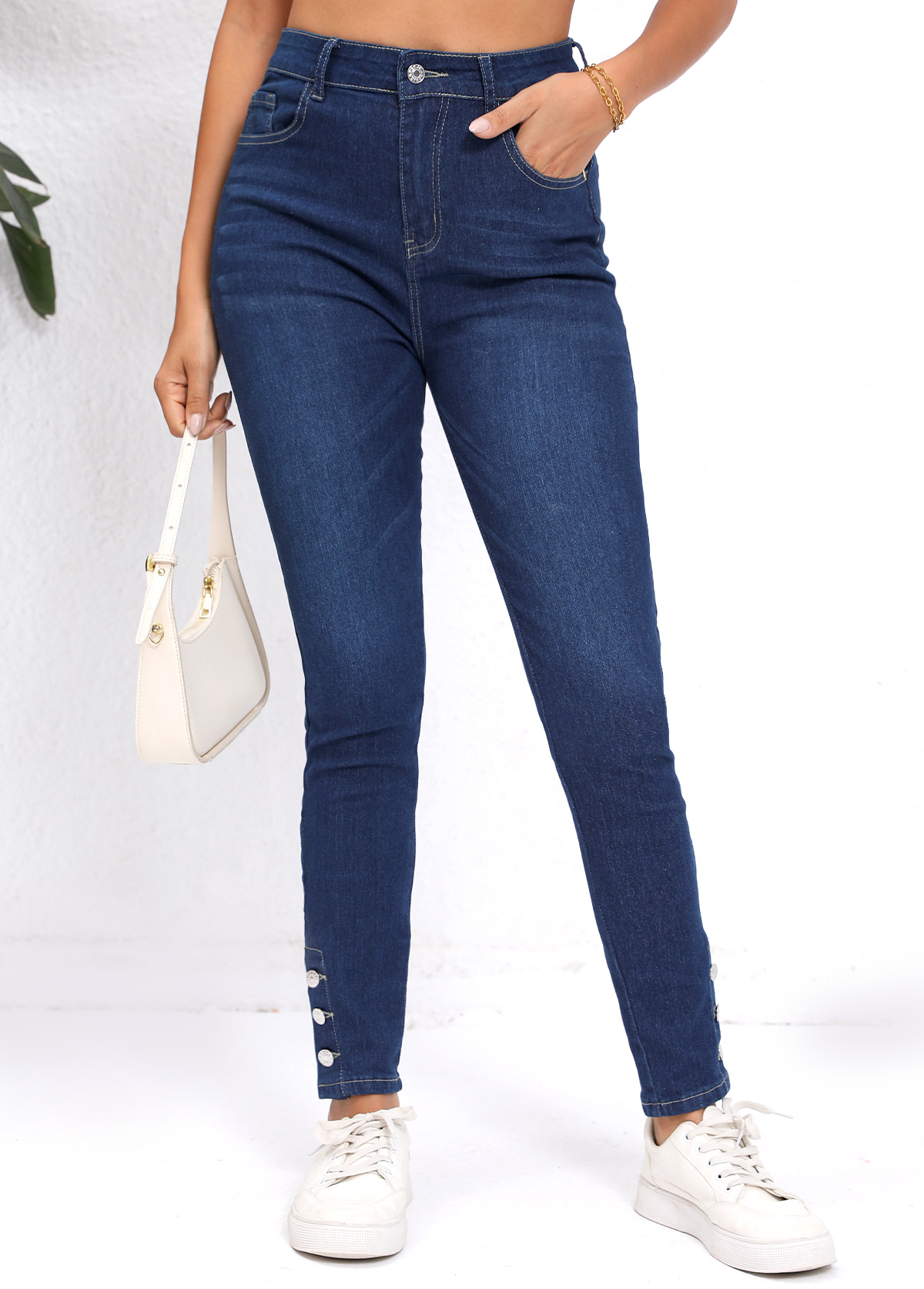 Denim Blue bottoms,Plain Color bottoms,Pocket Denim Blue Skinny Button Fly High Waisted Jeans