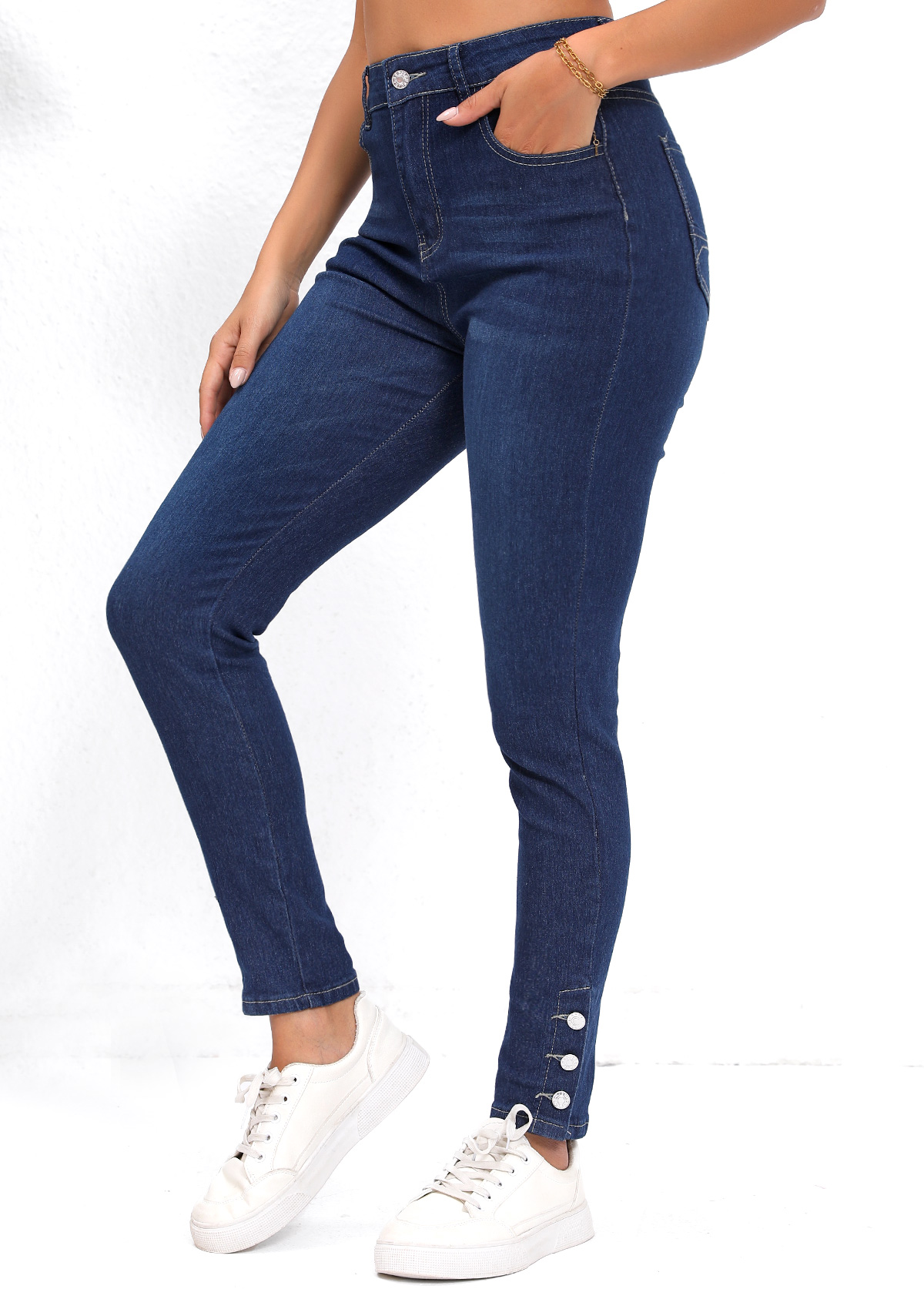Denim Blue bottoms,Plain Color bottoms,Pocket Denim Blue Skinny Button Fly High Waisted Jeans