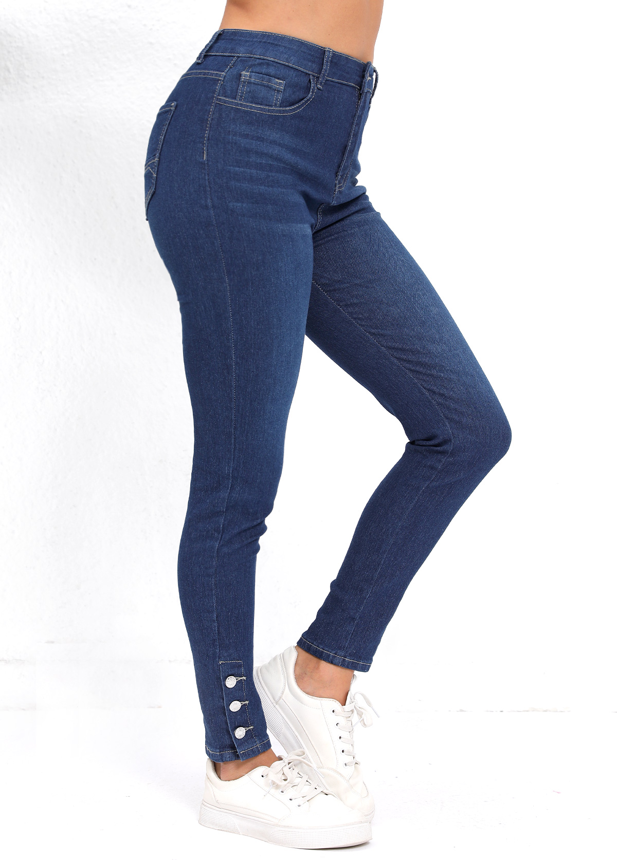 Denim Blue bottoms,Plain Color bottoms,Pocket Denim Blue Skinny Button Fly High Waisted Jeans