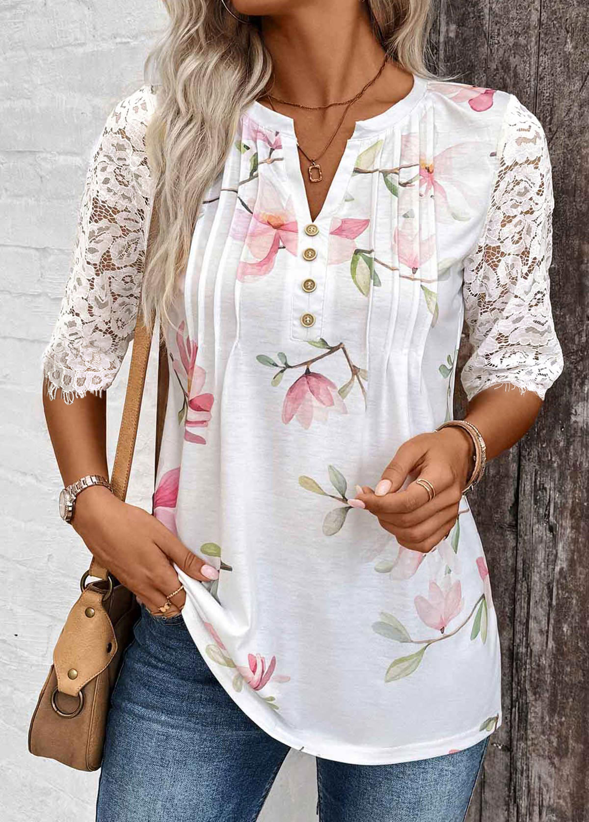 White tops,Floral tops,Plants tops,ROTITA Tuck Stitch Floral Print White Split Neck T Shirt