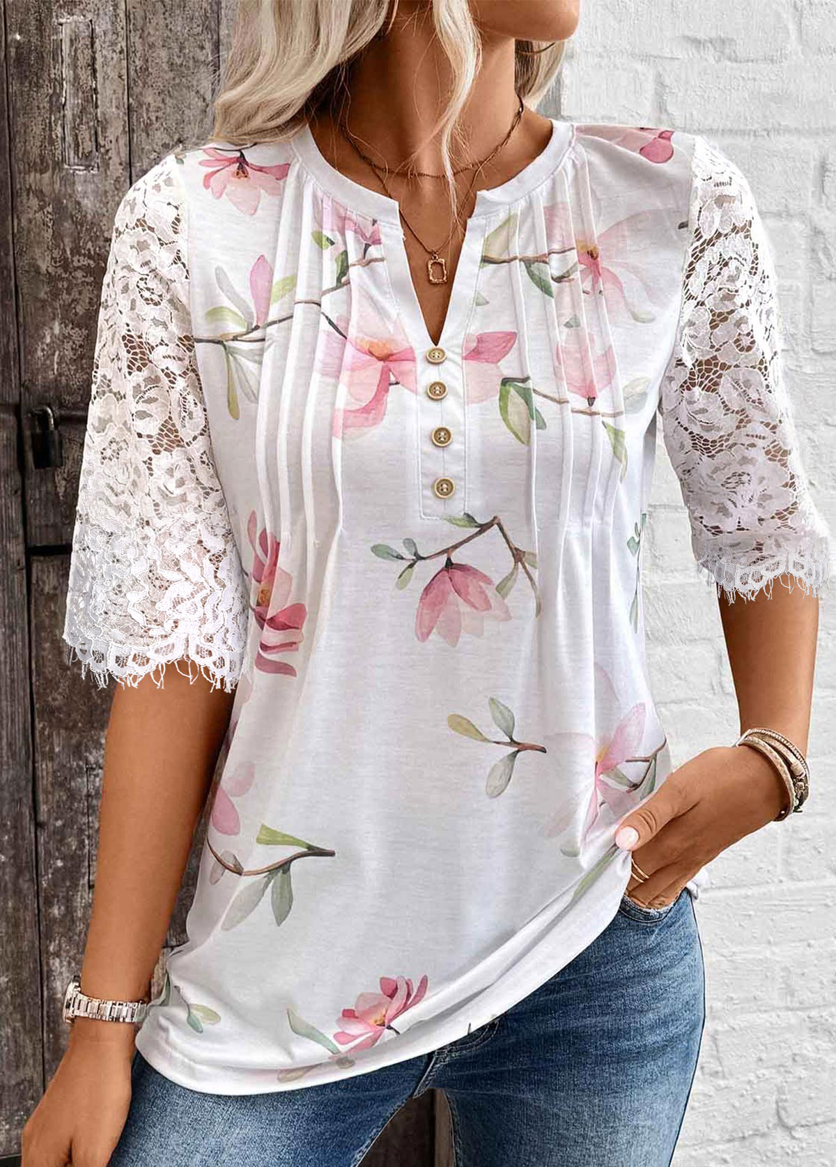 White tops,Floral tops,Plants tops,ROTITA Tuck Stitch Floral Print White Split Neck T Shirt