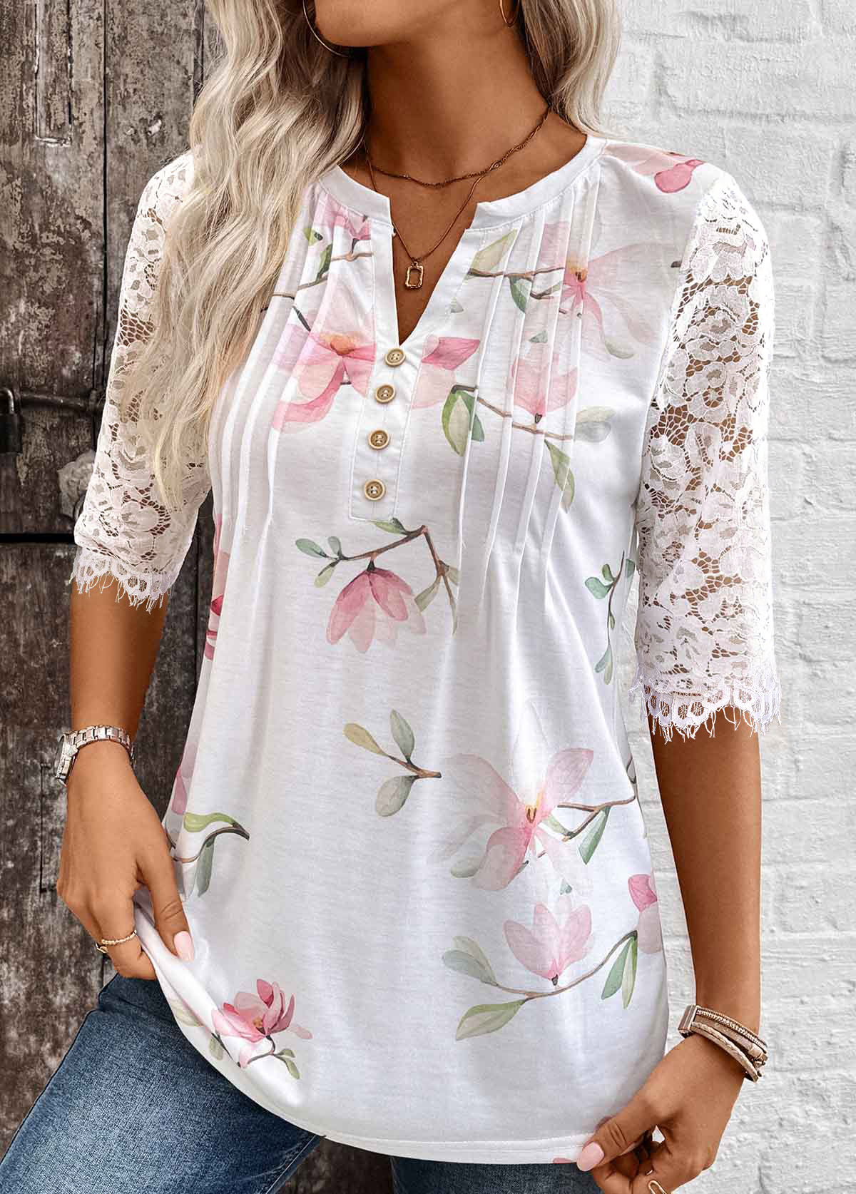 White tops,Floral tops,Plants tops,ROTITA Tuck Stitch Floral Print White Split Neck T Shirt