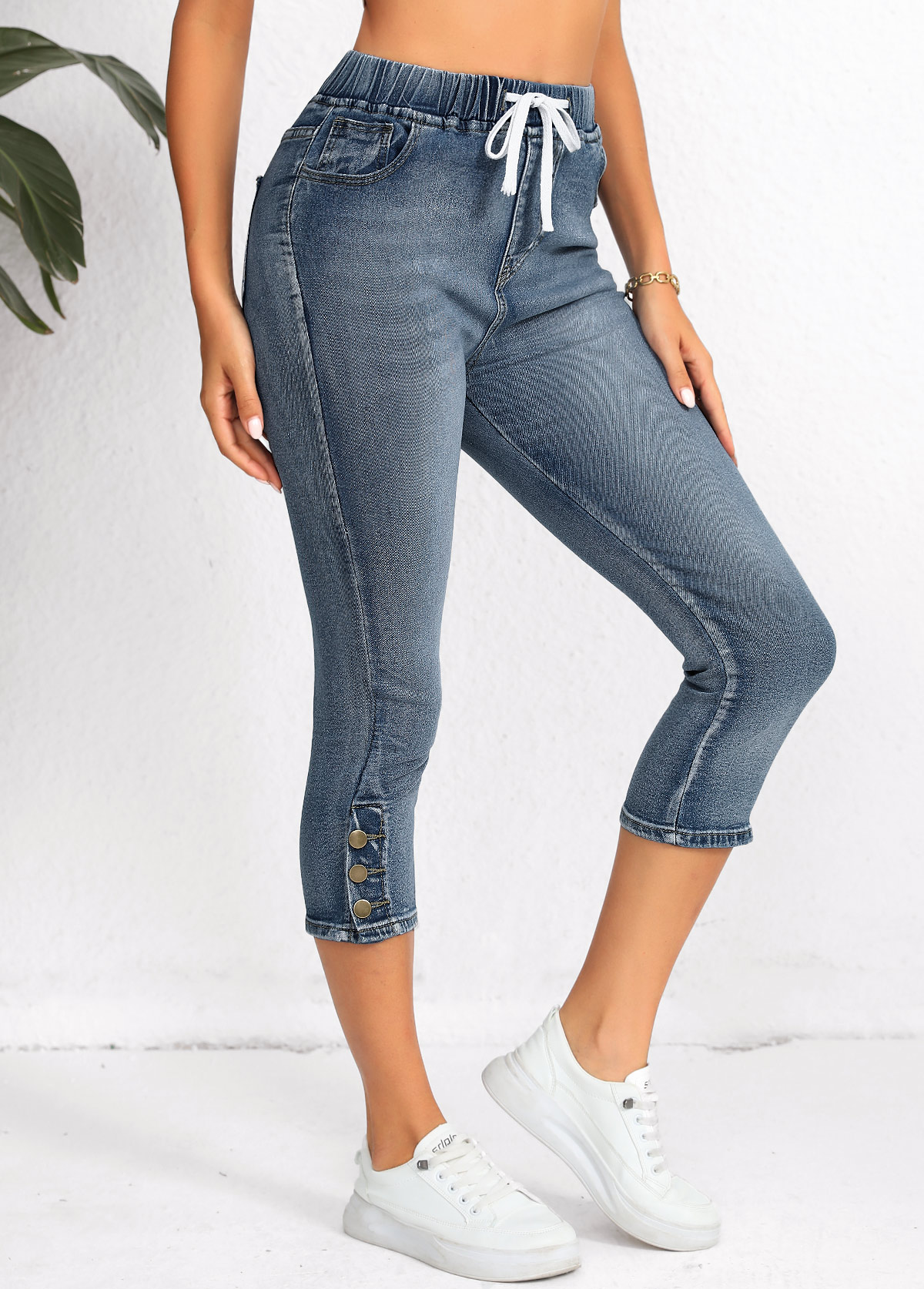 Denim Blue bottoms,Plain Color bottoms,Pocket Denim Blue Regular Elastic Waist High Waisted Jeans