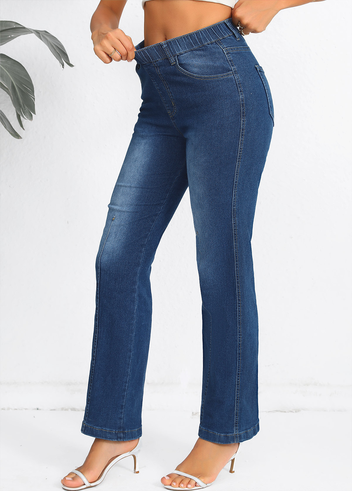 Denim Blue bottoms,Plain Color bottoms,Denim Blue Elastic Waist High Waisted Jeans