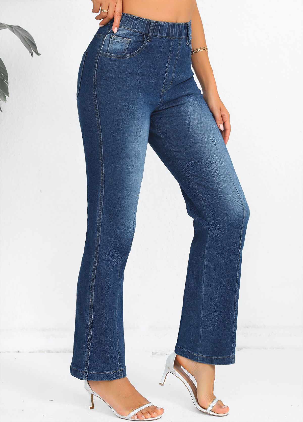 Denim Blue bottoms,Plain Color bottoms,Denim Blue Elastic Waist High Waisted Jeans