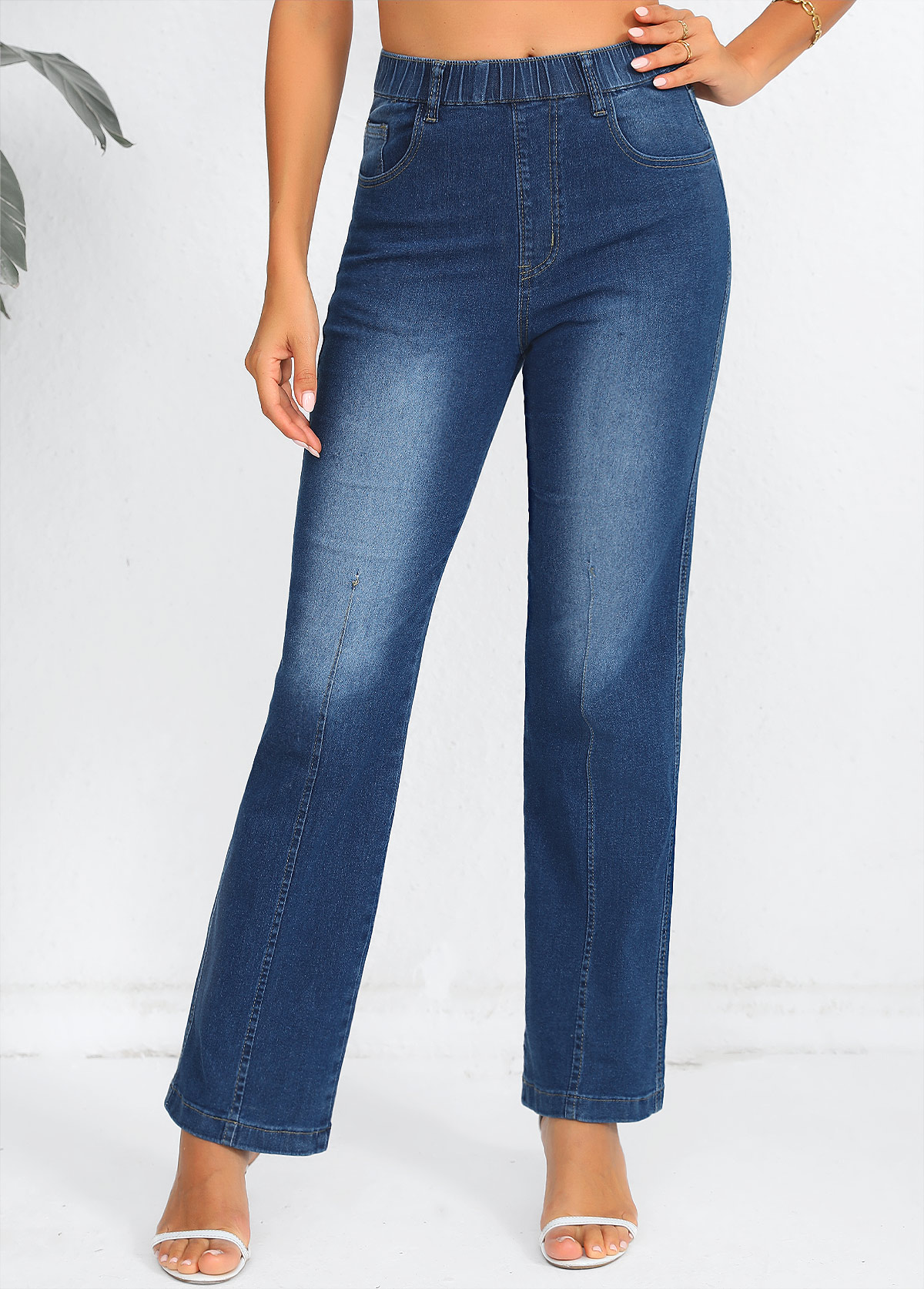 Denim Blue bottoms,Plain Color bottoms,Denim Blue Elastic Waist High Waisted Jeans