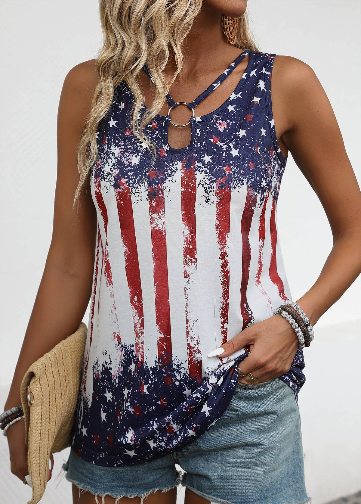 Multi Color plus size,Flag plus size,ROTITA American Flag Plus Size Cut Out Sleeveless Tank Top