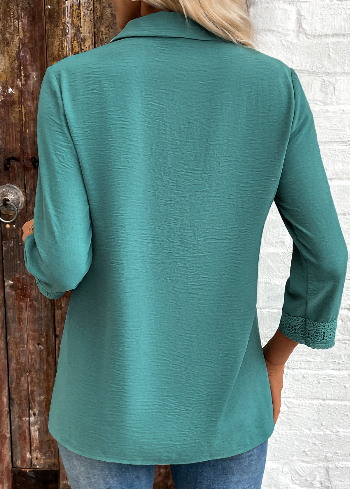 Turquoise tops,Plain Color tops,ROTITA Patchwork Turquoise Button 3/4 Sleeve Shirt