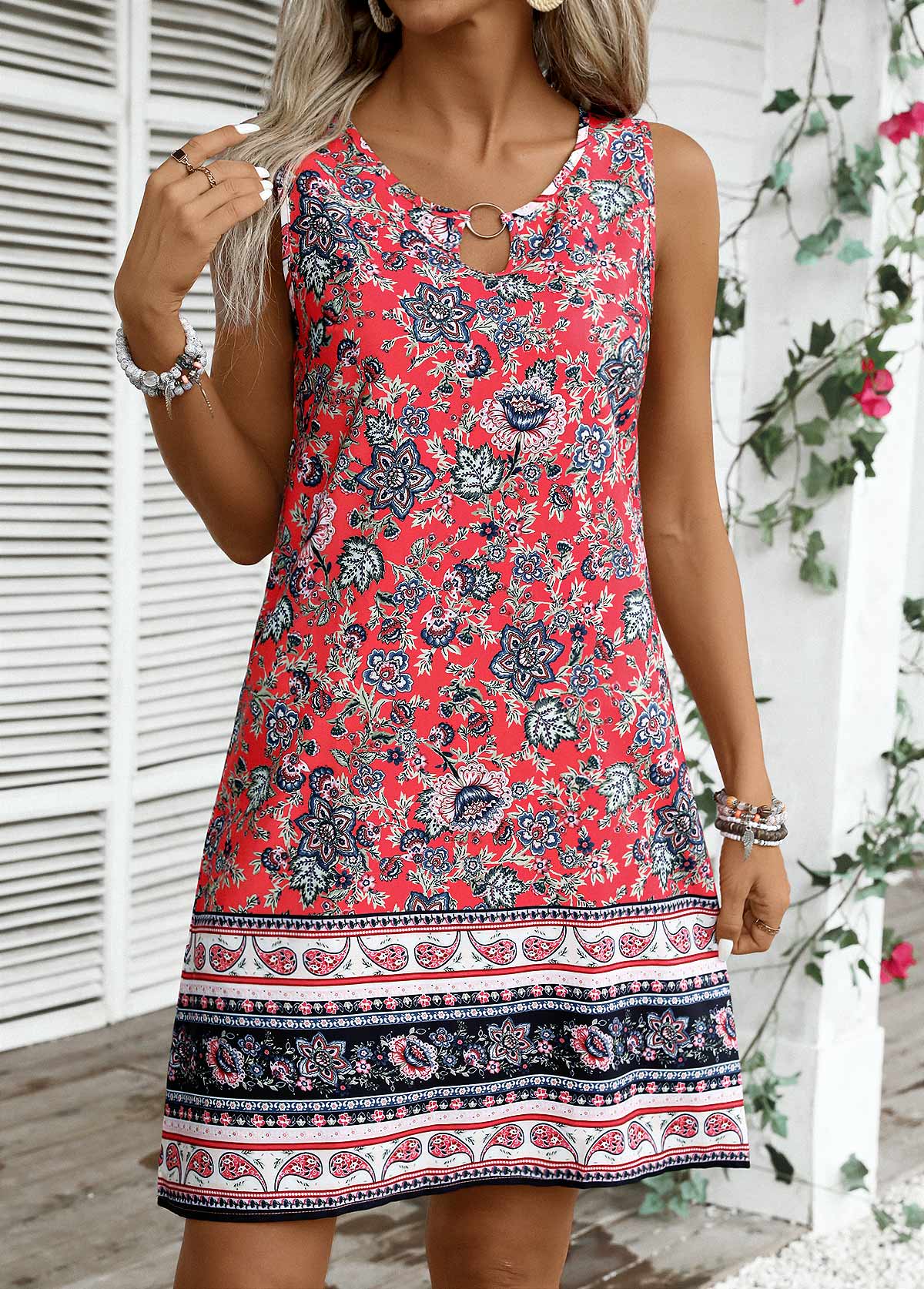 Coral plus size,Tribal plus size,ROTITA Plus Size Circular Ring Coral Tribal Print Sleeveless Dress