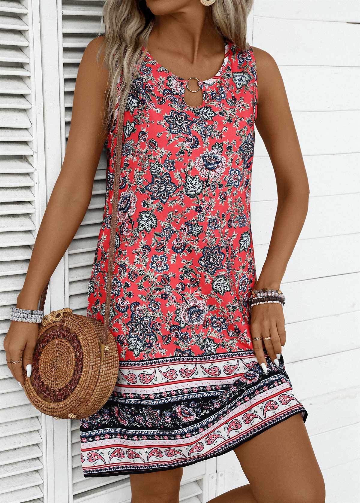 Coral plus size,Tribal plus size,ROTITA Plus Size Circular Ring Coral Tribal Print Sleeveless Dress