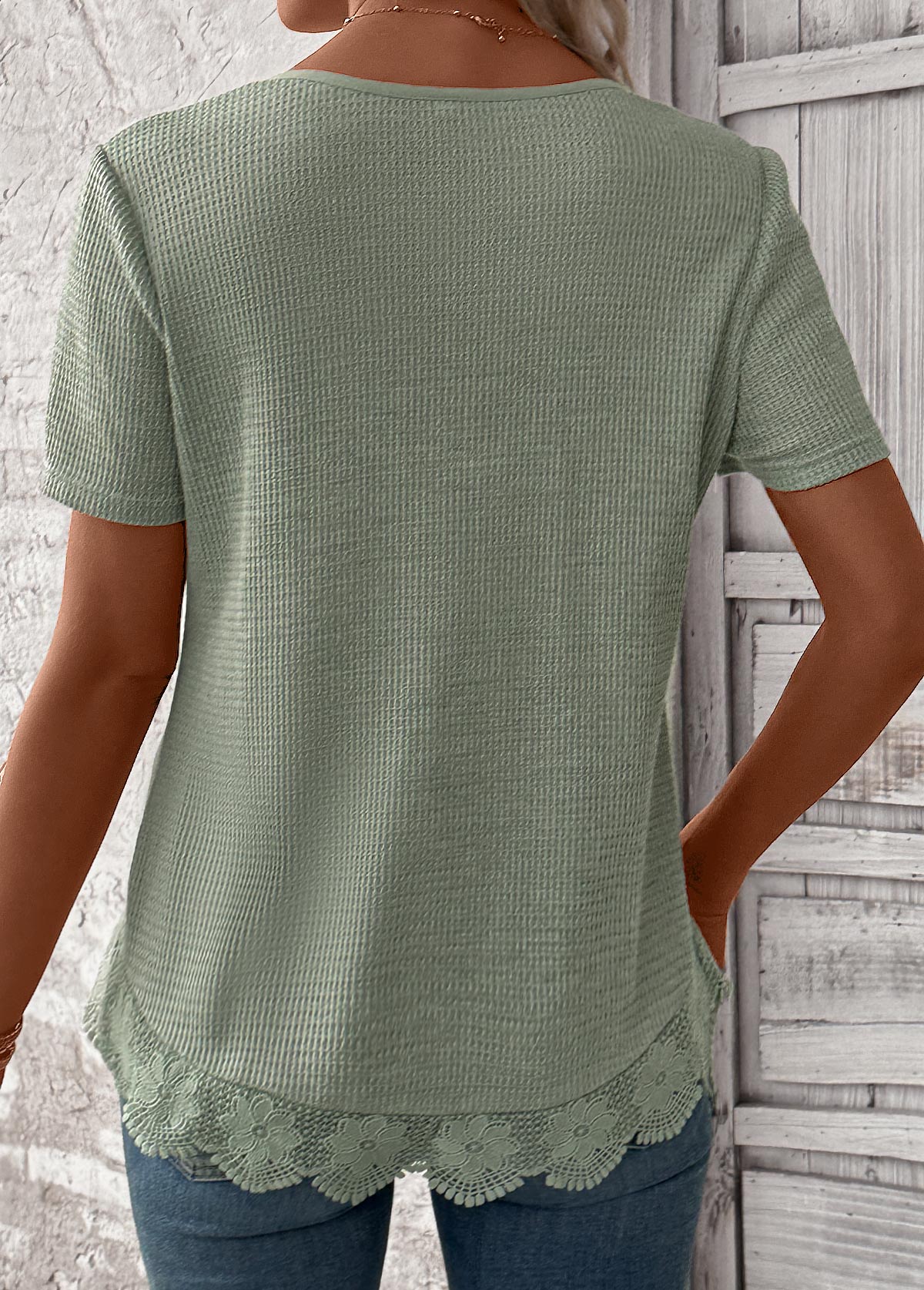 Sage Green tops,Plain Color tops,ROTITA Lace Sage Green Square Neck Short Sleeve T Shirt