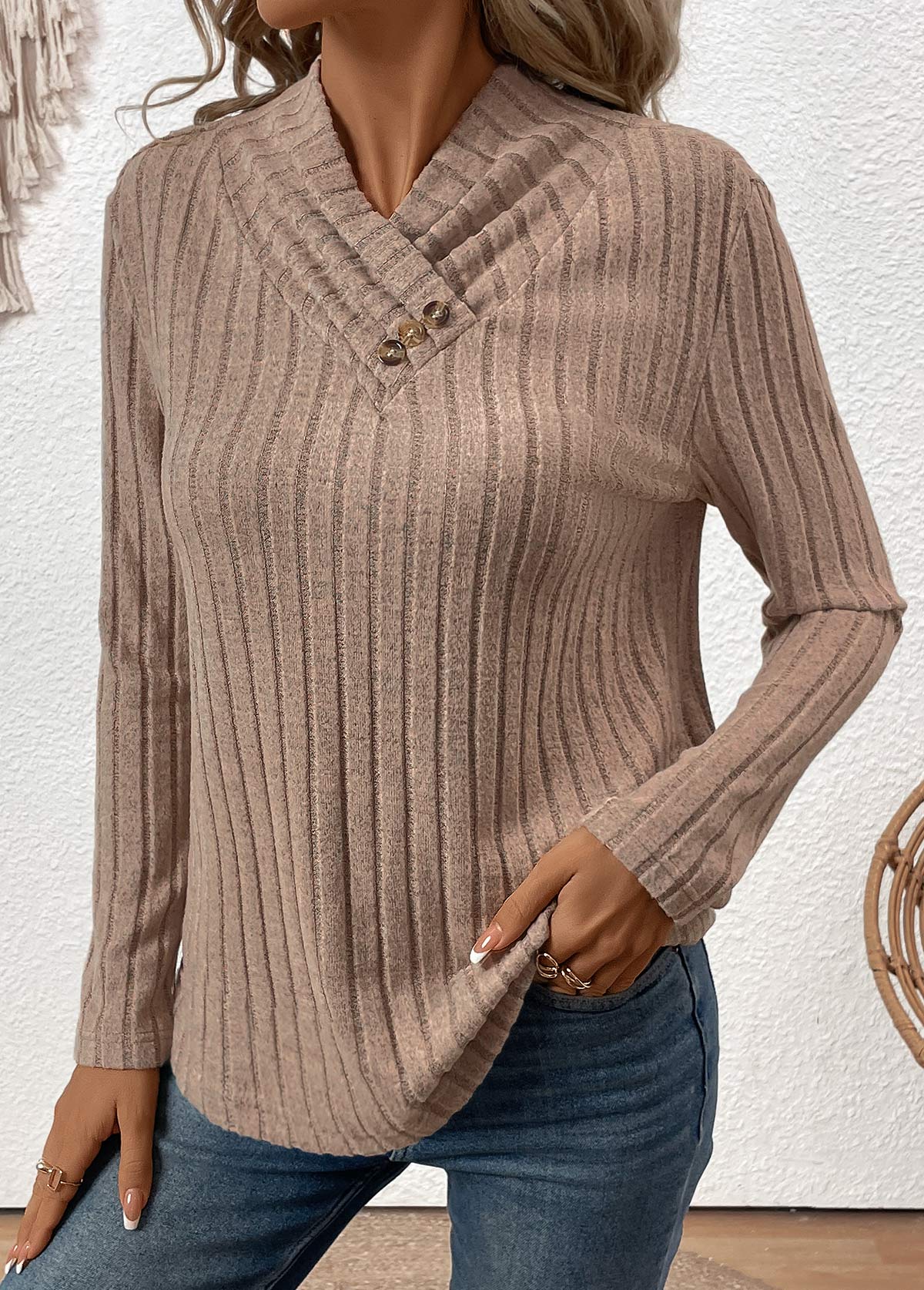 Gray Brown tops,Plain Color tops,ROTITA Surplice Button Gray Brown Long Sleeve T Shirt