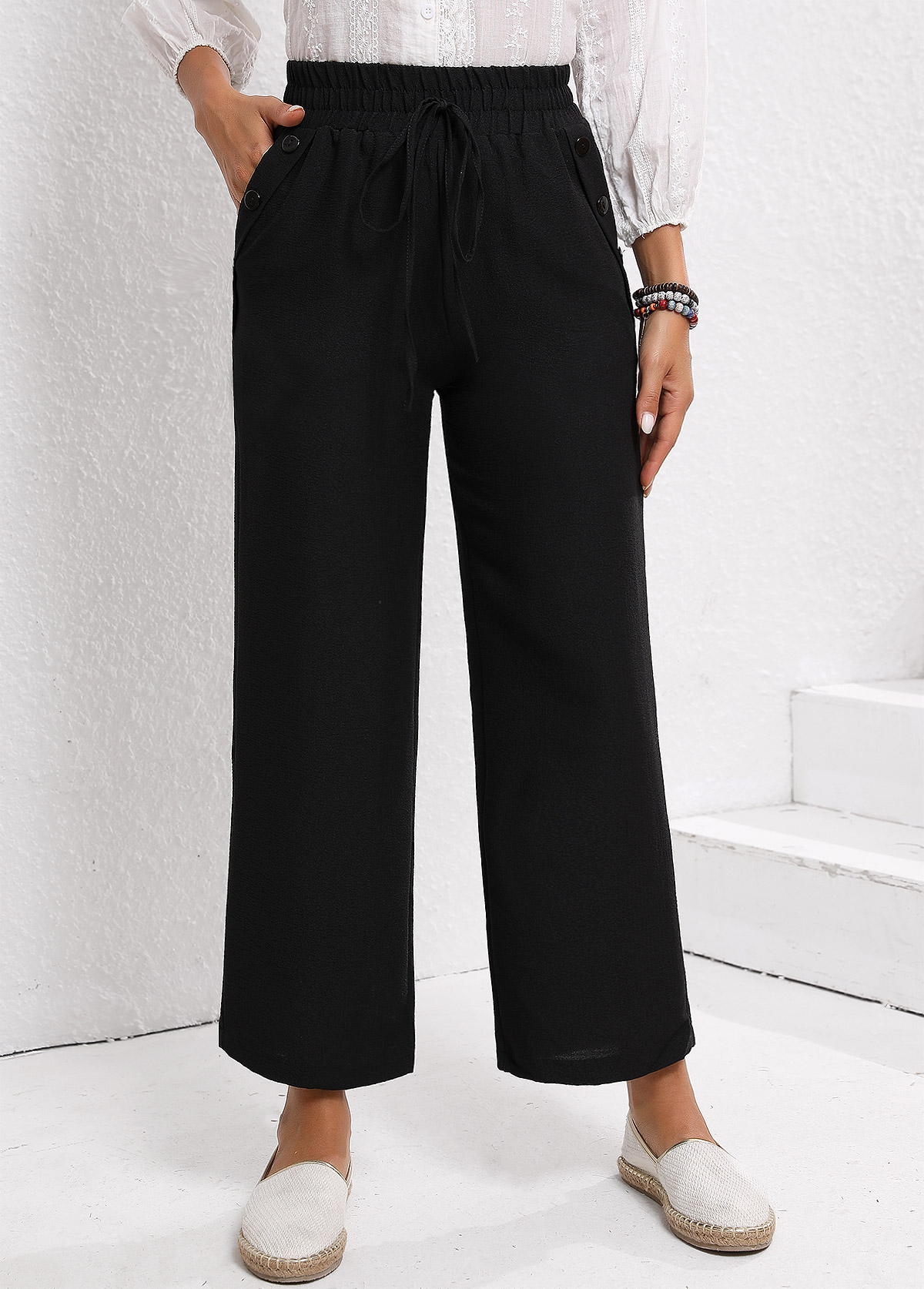 Black bottoms,Plain Color bottoms,Drawstring Black Elastic Waist High Waisted Pants