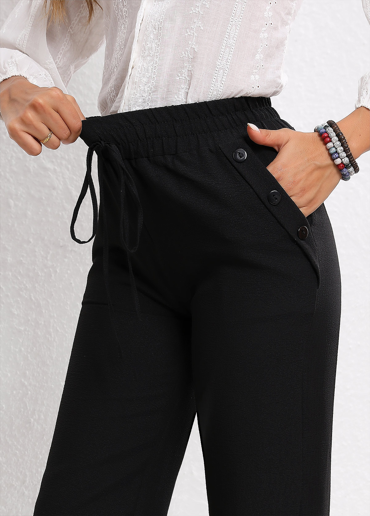 Black bottoms,Plain Color bottoms,Drawstring Black Elastic Waist High Waisted Pants