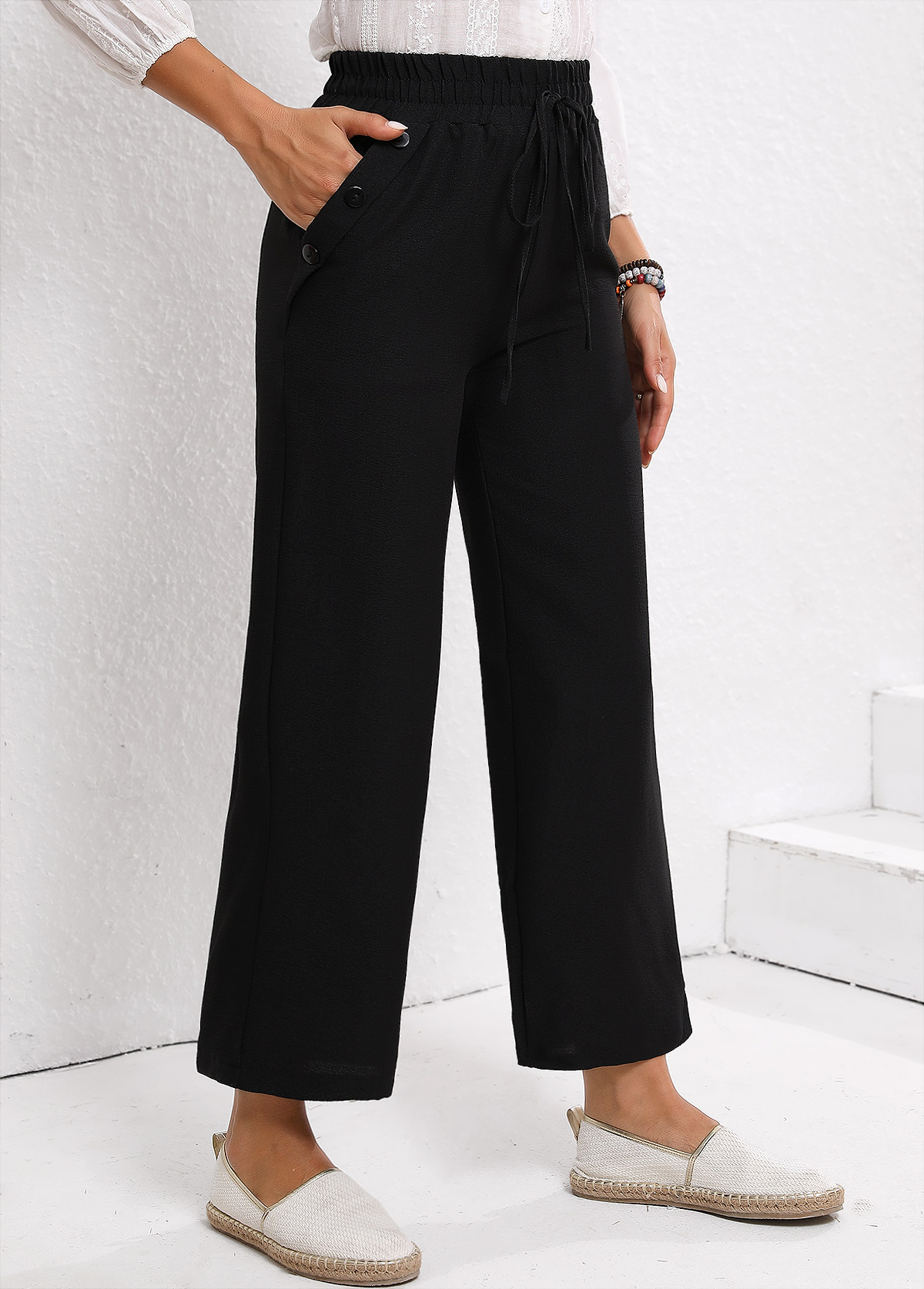 Black bottoms,Plain Color bottoms,Drawstring Black Elastic Waist High Waisted Pants