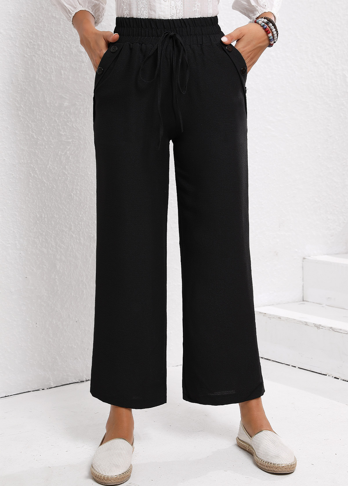 Black bottoms,Plain Color bottoms,Drawstring Black Elastic Waist High Waisted Pants