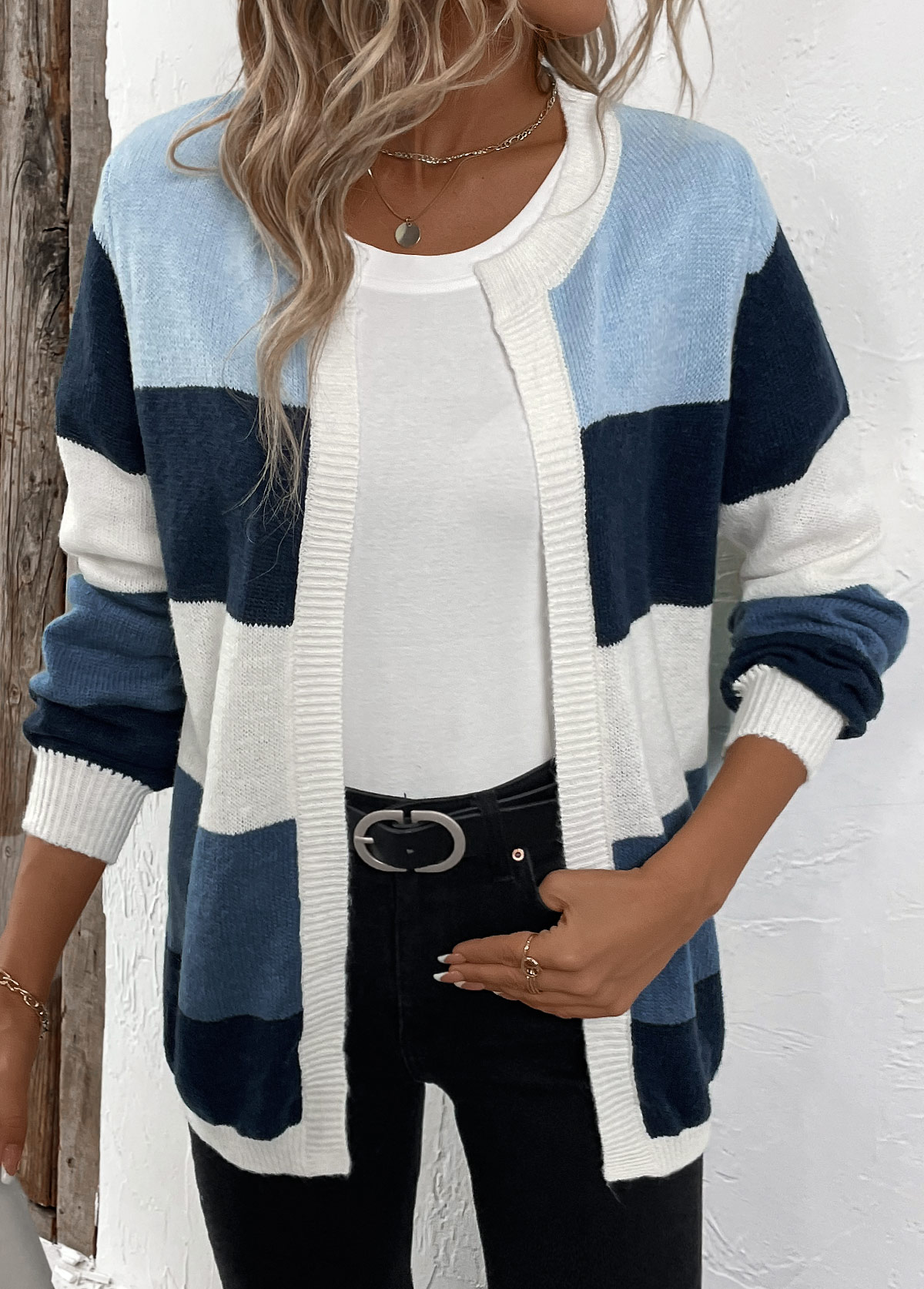 Blue tops,Contrast Color tops,Patchwork Design Blue Long Sleeve Cardigan