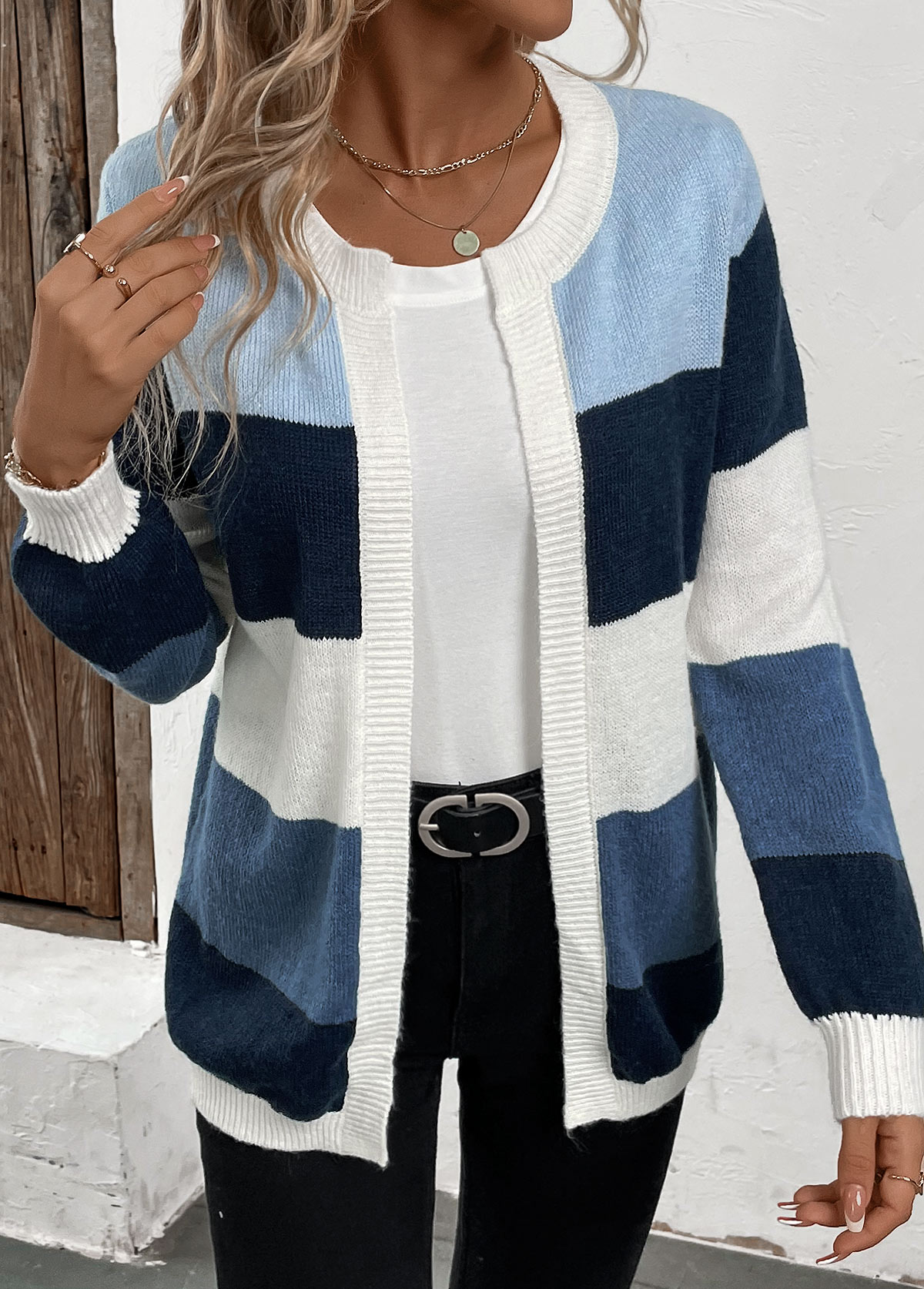 Blue tops,Contrast Color tops,Patchwork Design Blue Long Sleeve Cardigan