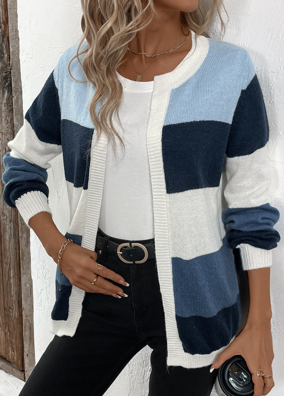 Blue tops,Contrast Color tops,Patchwork Design Blue Long Sleeve Cardigan