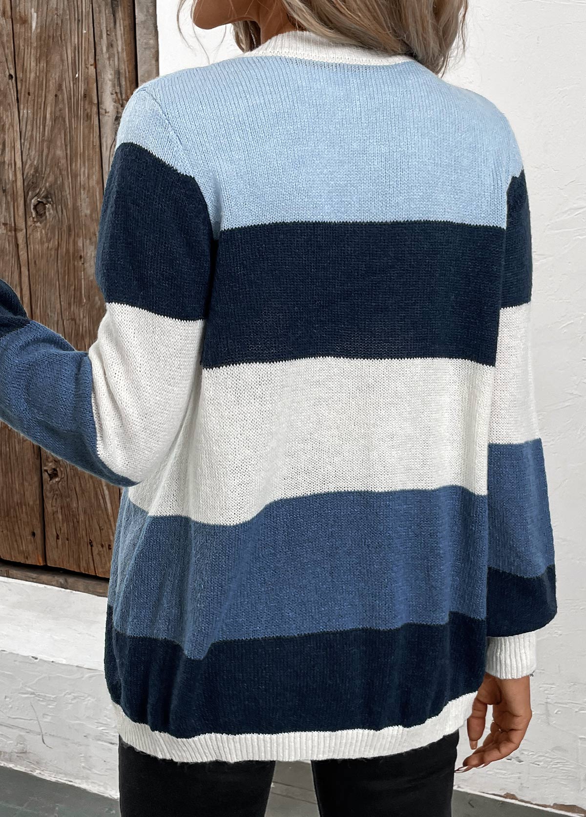 Blue tops,Contrast Color tops,Patchwork Design Blue Long Sleeve Cardigan