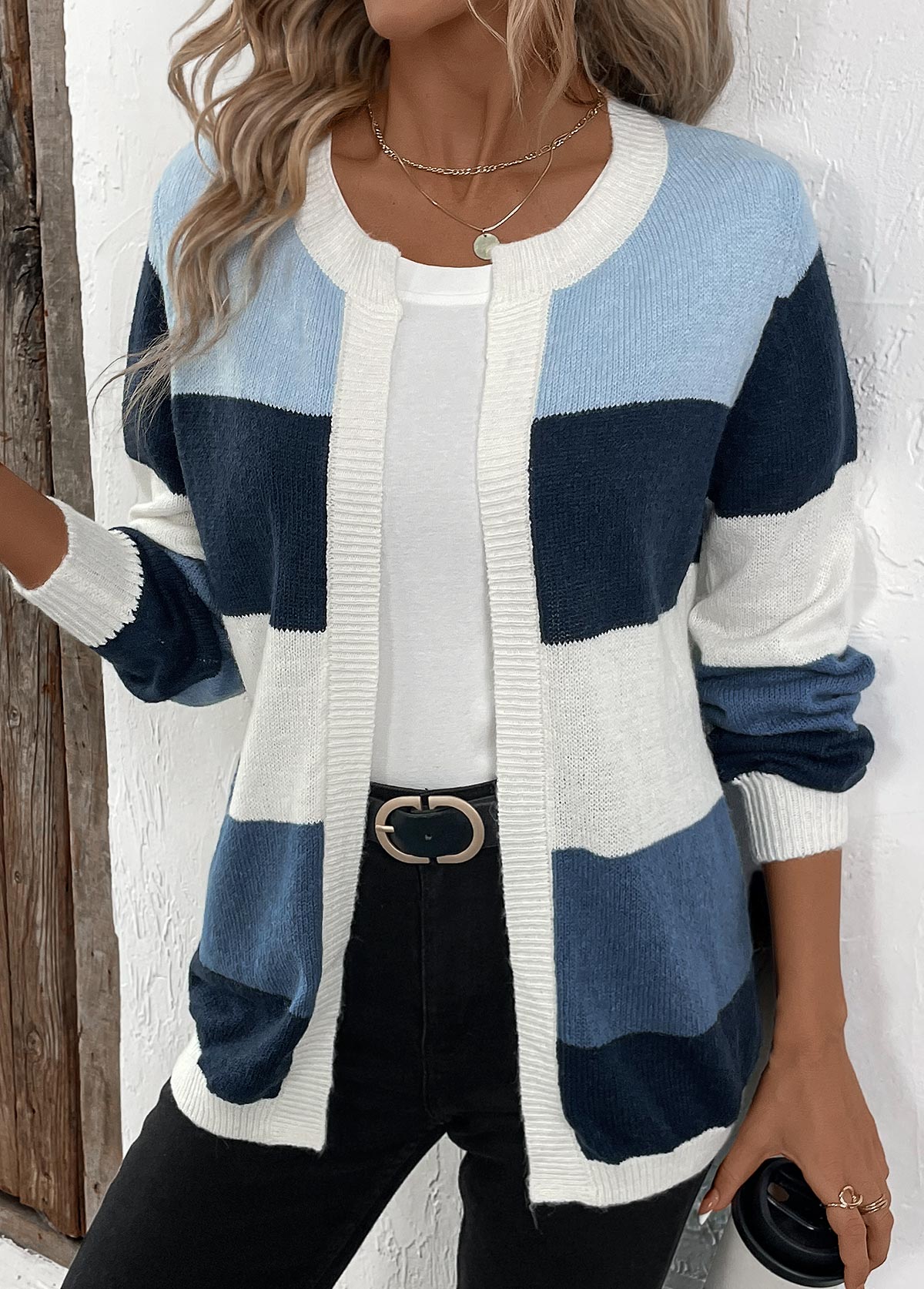 Blue tops,Contrast Color tops,Patchwork Design Blue Long Sleeve Cardigan
