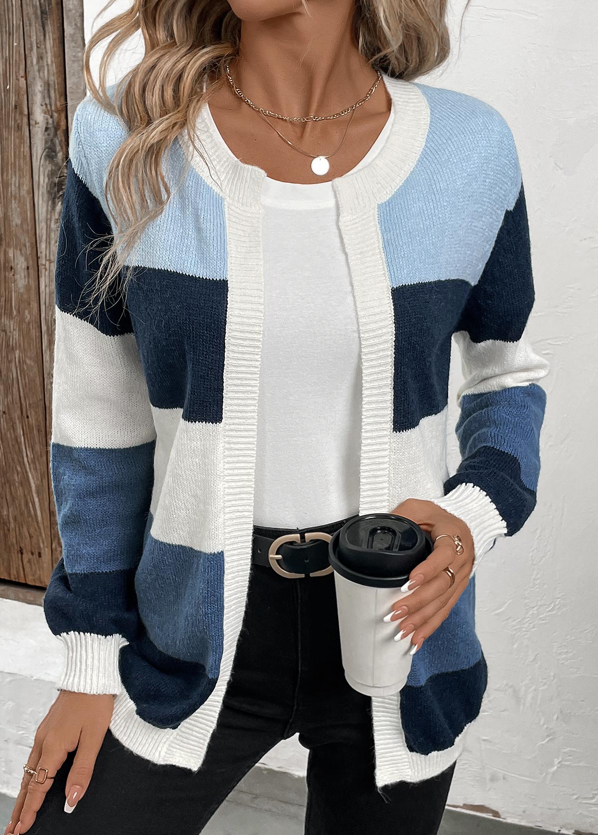 Blue tops,Contrast Color tops,Patchwork Design Blue Long Sleeve Cardigan