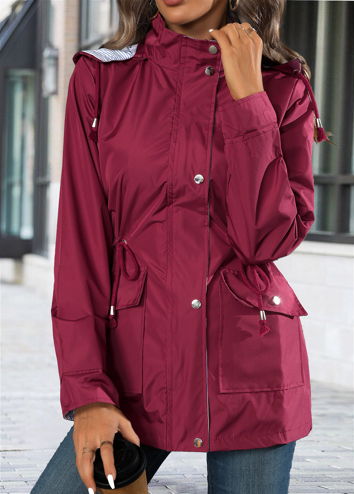Wine Red tops,Plain Color tops,Lace Up Wine Red Hooded Long Sleeve Trench Coat