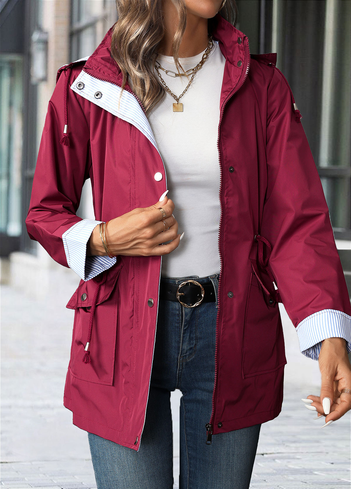 Wine Red tops,Plain Color tops,Lace Up Wine Red Hooded Long Sleeve Trench Coat