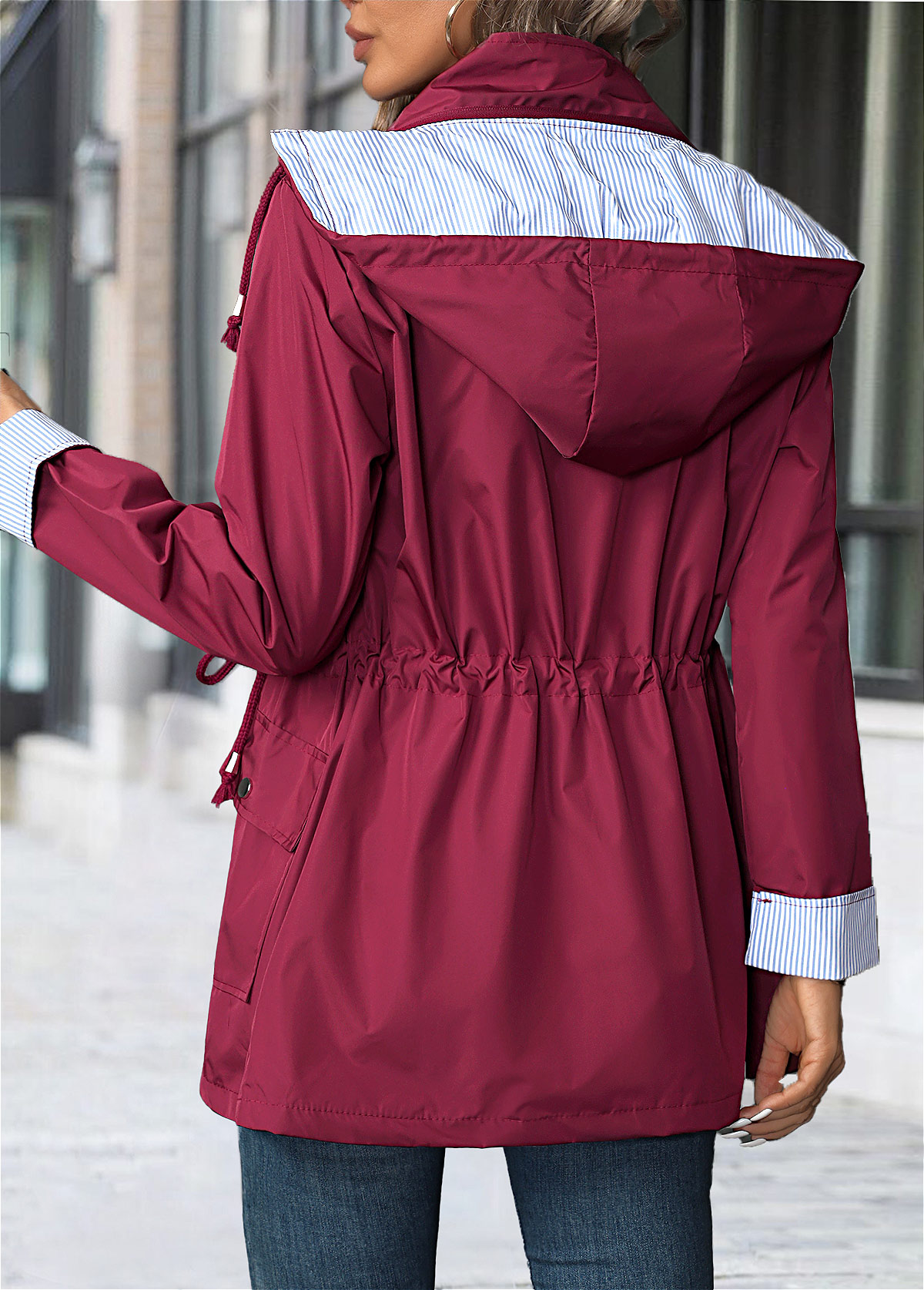 Wine Red tops,Plain Color tops,Lace Up Wine Red Hooded Long Sleeve Trench Coat