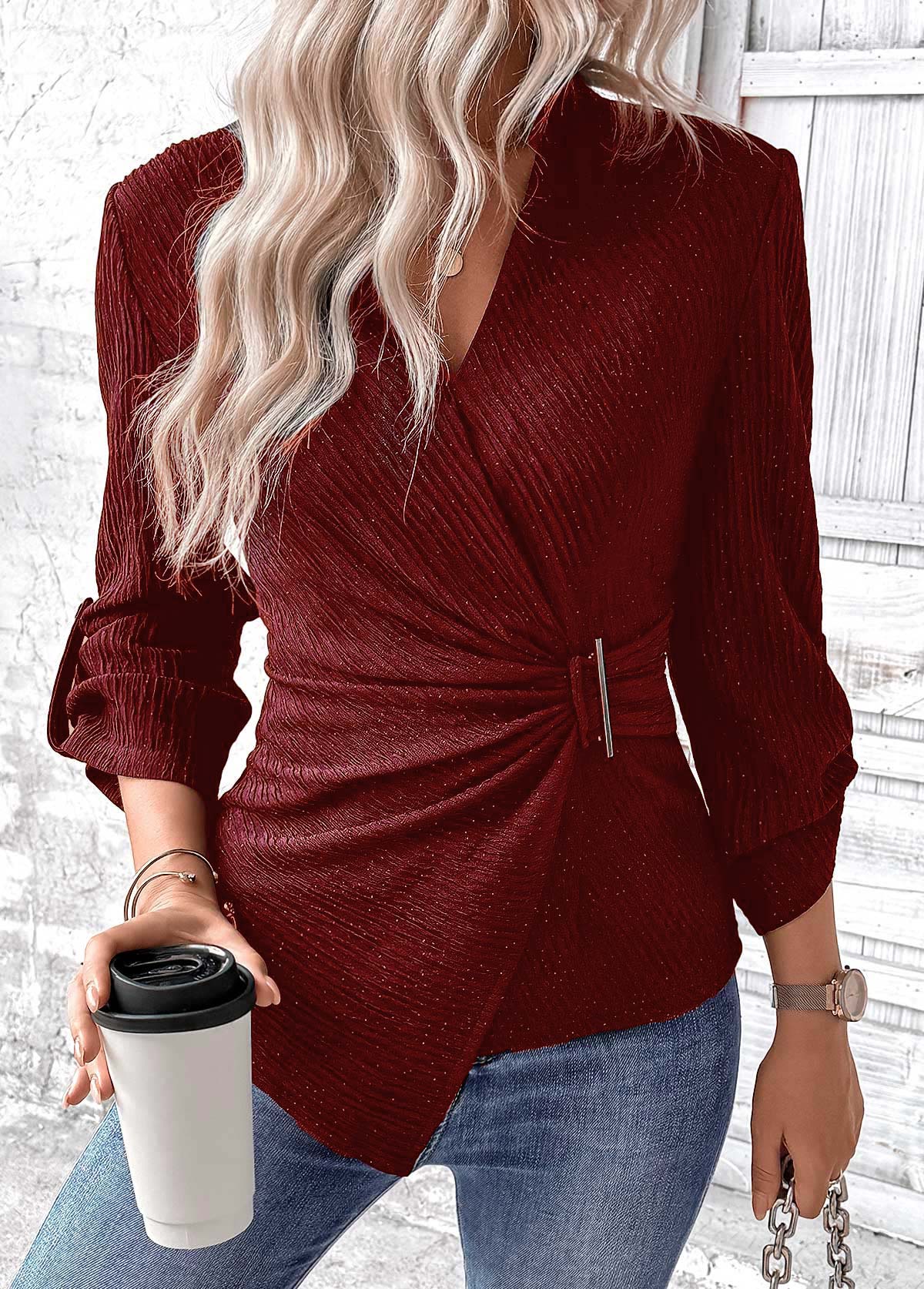 Wine Red tops,Plain Color tops,ROTITA Surplice Wine Red V Neck Long Sleeve Shirt
