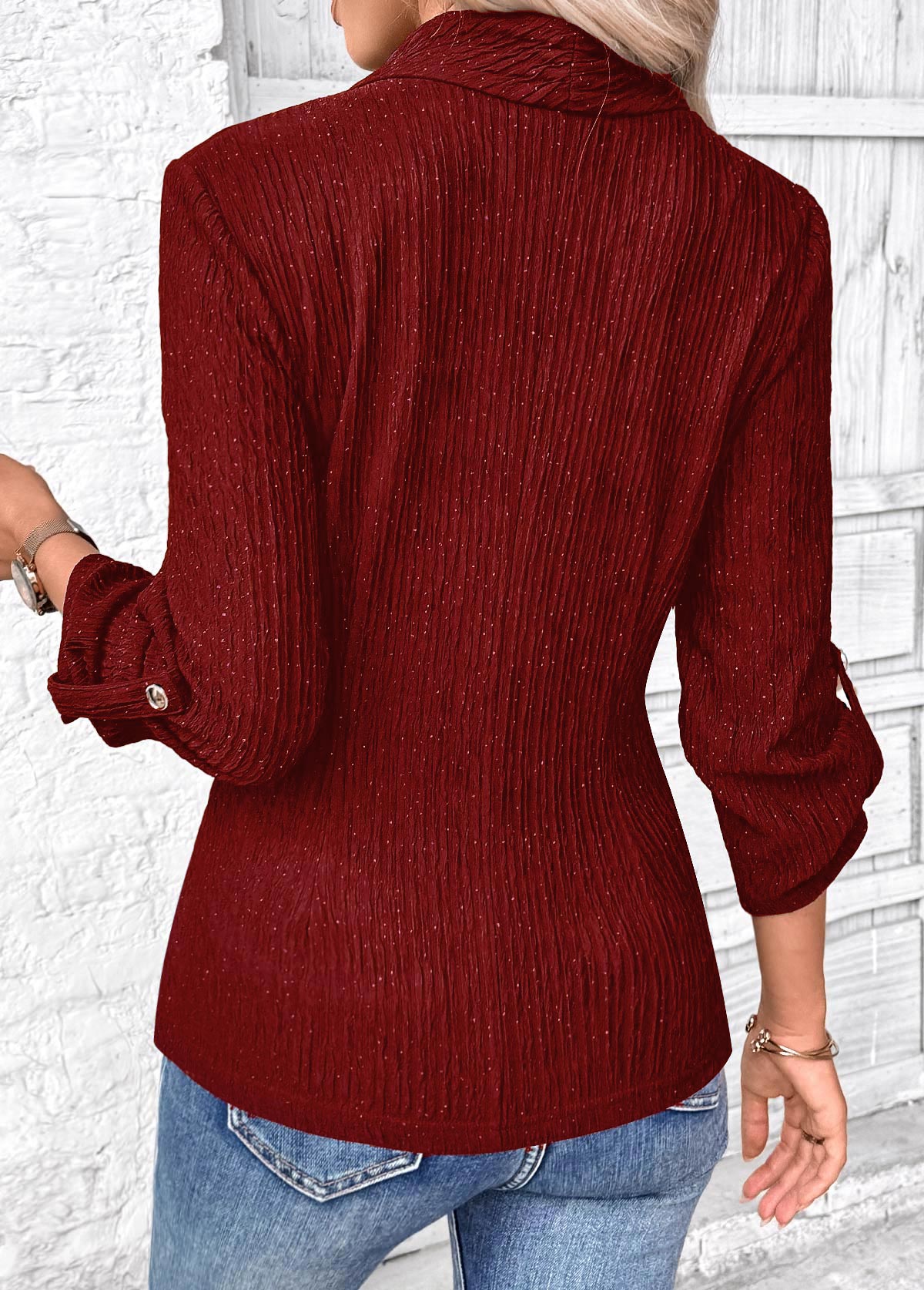 Wine Red tops,Plain Color tops,ROTITA Surplice Wine Red V Neck Long Sleeve Shirt