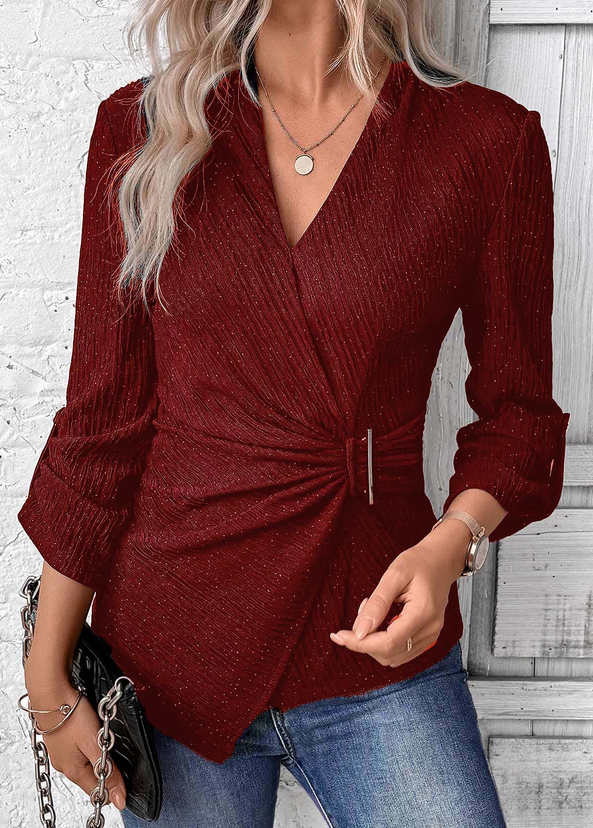Wine Red tops,Plain Color tops,ROTITA Surplice Wine Red V Neck Long Sleeve Shirt