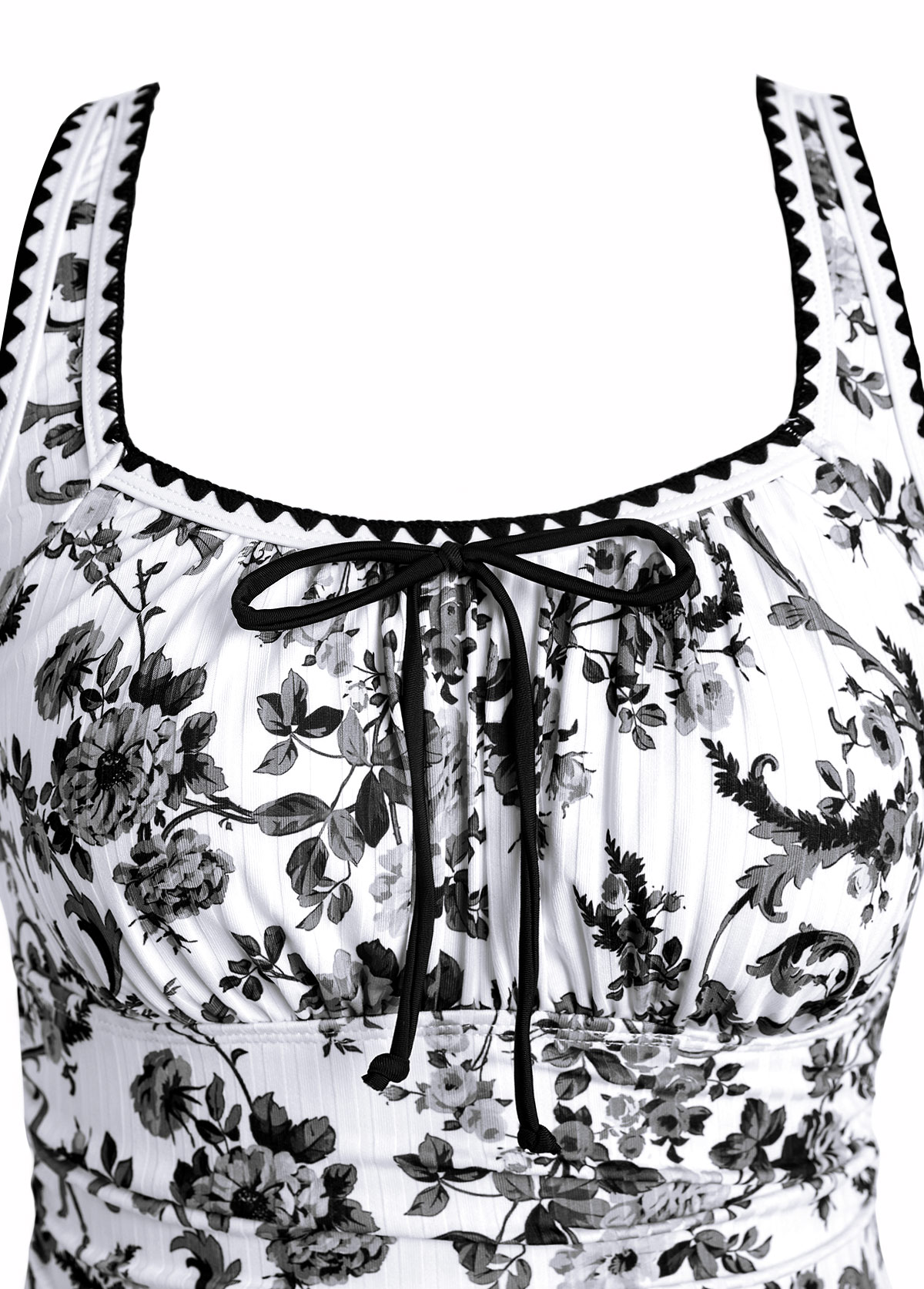 Black swimwear,Plants swimwear,Floral swimwear,ROTITA Drawstring Black Random Floral Print One Piece Swimwear
