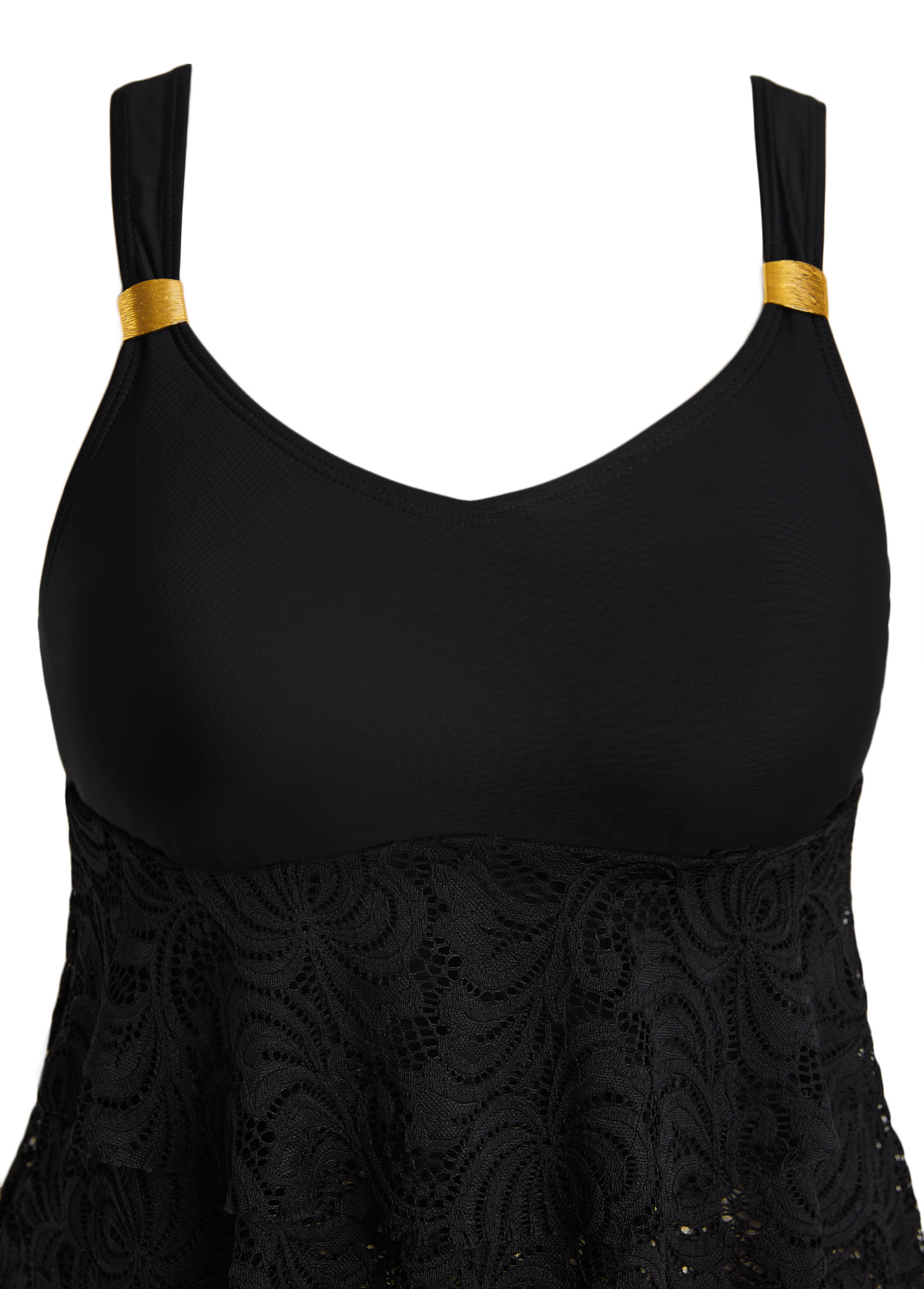 Black swimwear,Plain Color swimwear,ROTITA Lace V Neck Black Tankini Set