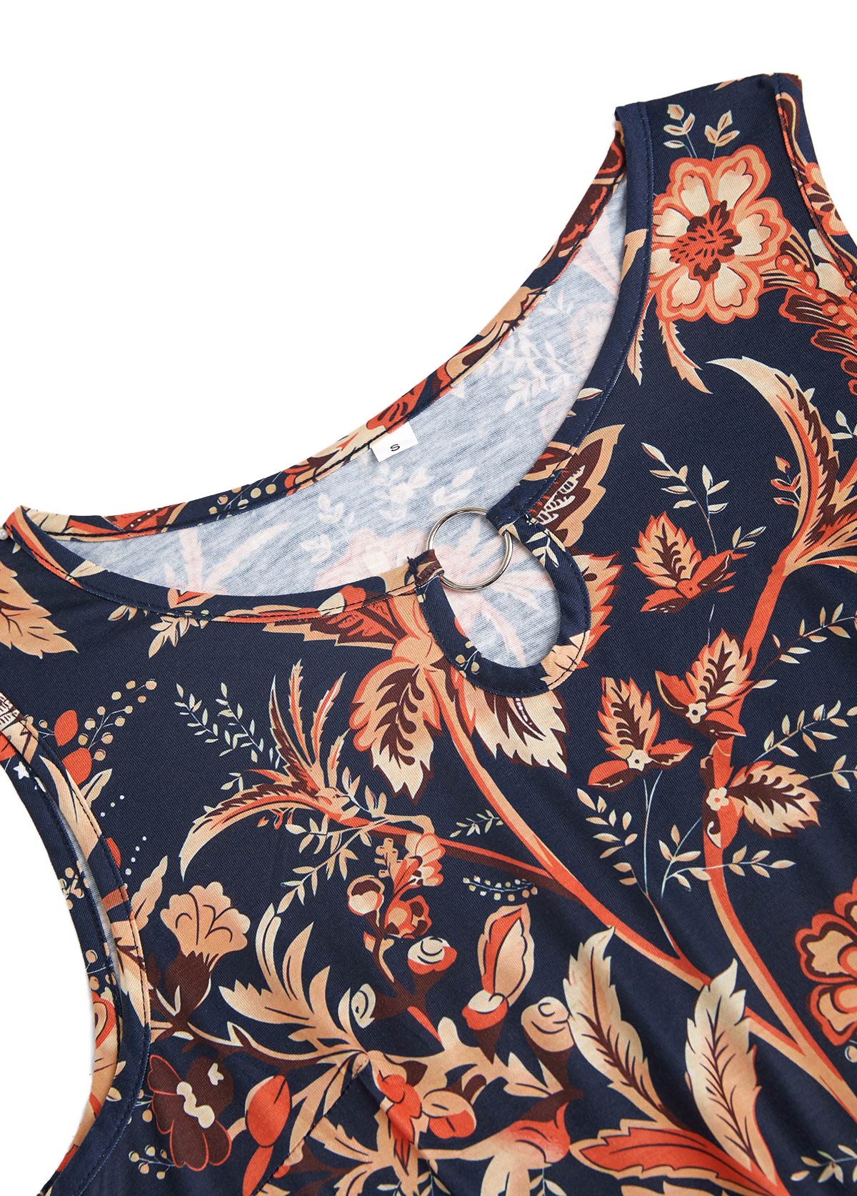 Dark Blue dresses,Floral dresses,Plants dresses,Everyday dresses,Casual dresses,ROTITA Circular Ring Floral Print Dark Blue Round Neck Dress