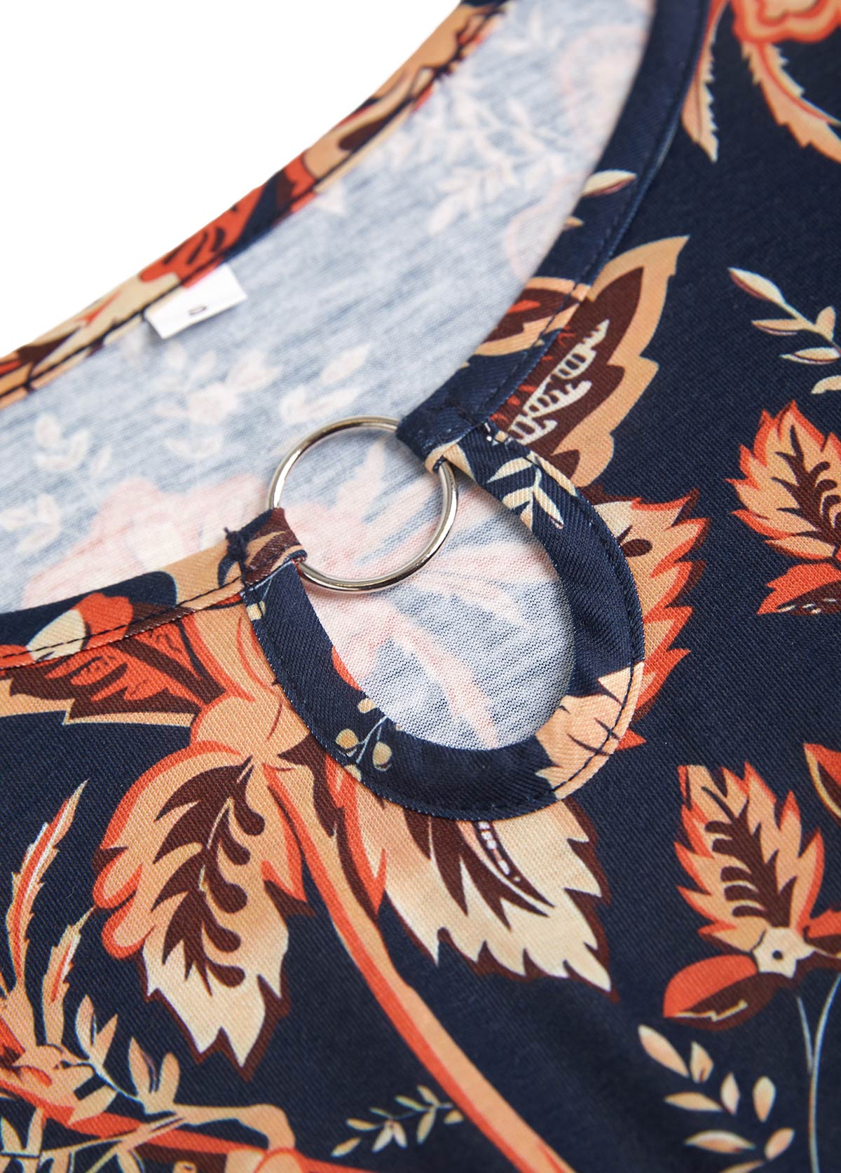 Dark Blue dresses,Floral dresses,Plants dresses,Everyday dresses,Casual dresses,ROTITA Circular Ring Floral Print Dark Blue Round Neck Dress