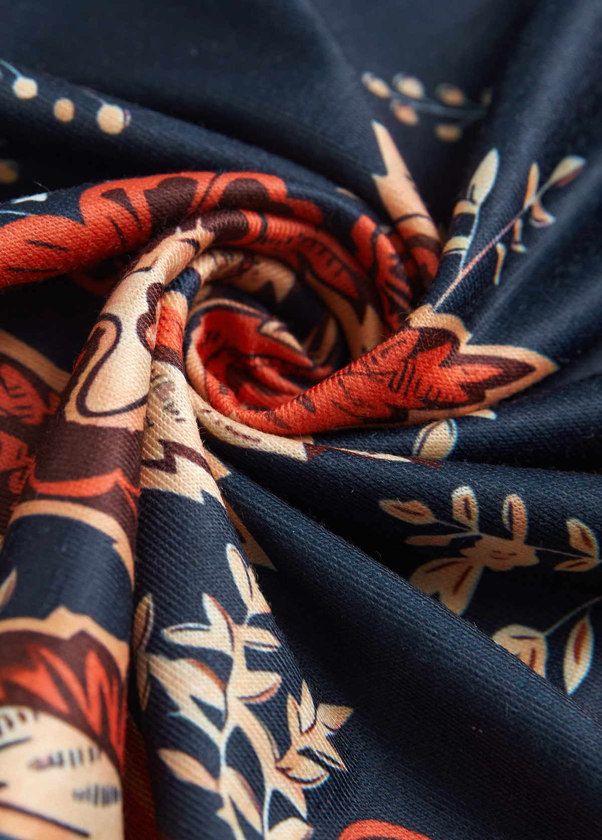 Dark Blue dresses,Floral dresses,Plants dresses,Everyday dresses,Casual dresses,ROTITA Circular Ring Floral Print Dark Blue Round Neck Dress