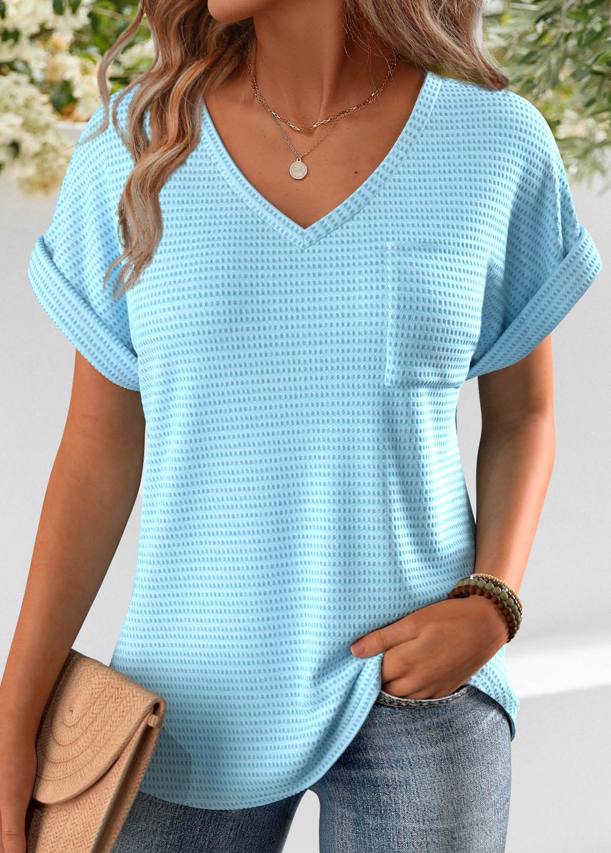Light Blue tops,Plain Color tops,ROTITA Jacquard Light Blue V Neck Short Sleeve T Shirt