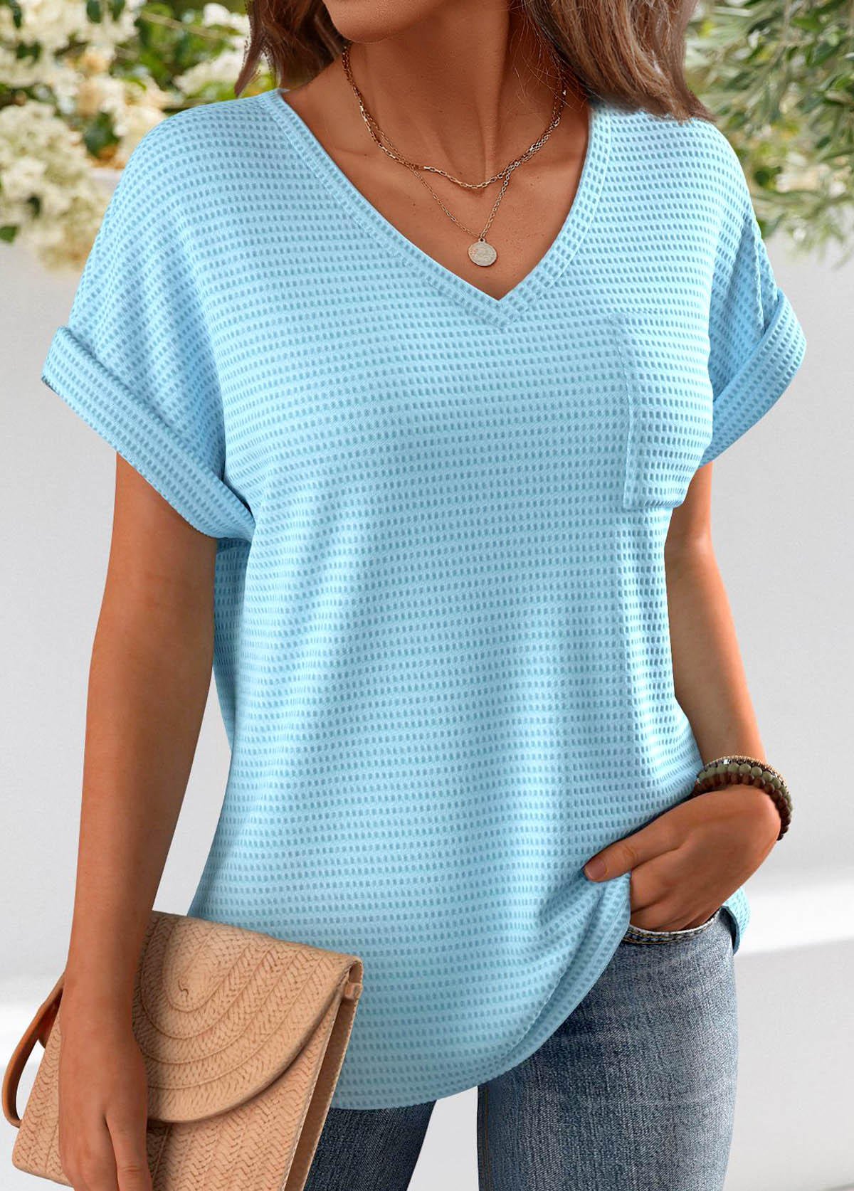 Light Blue tops,Plain Color tops,ROTITA Jacquard Light Blue V Neck Short Sleeve T Shirt