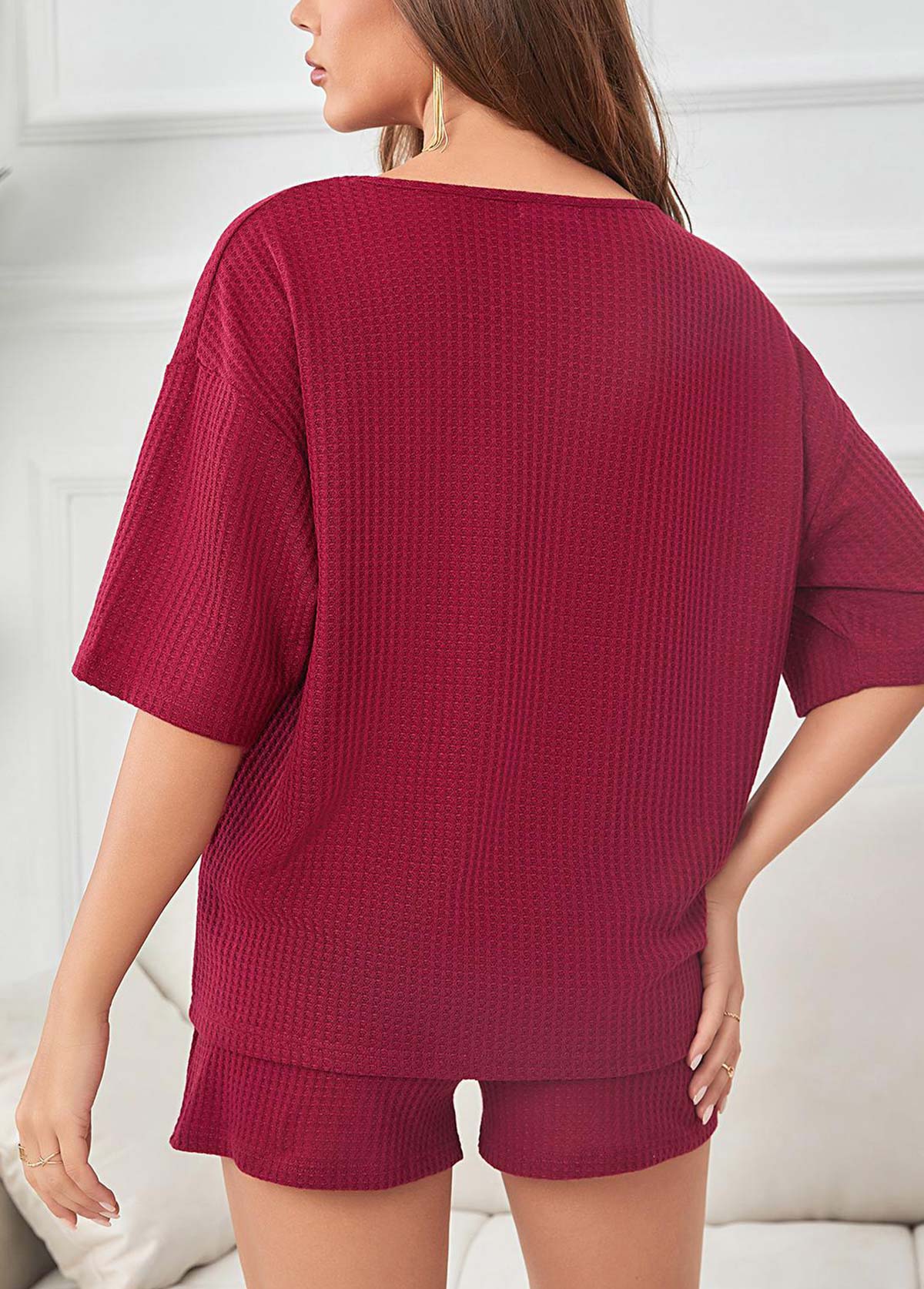 Wine Red loungewear,Plain Color loungewear,Wine Red Round Neck Lounge Top and Shorts