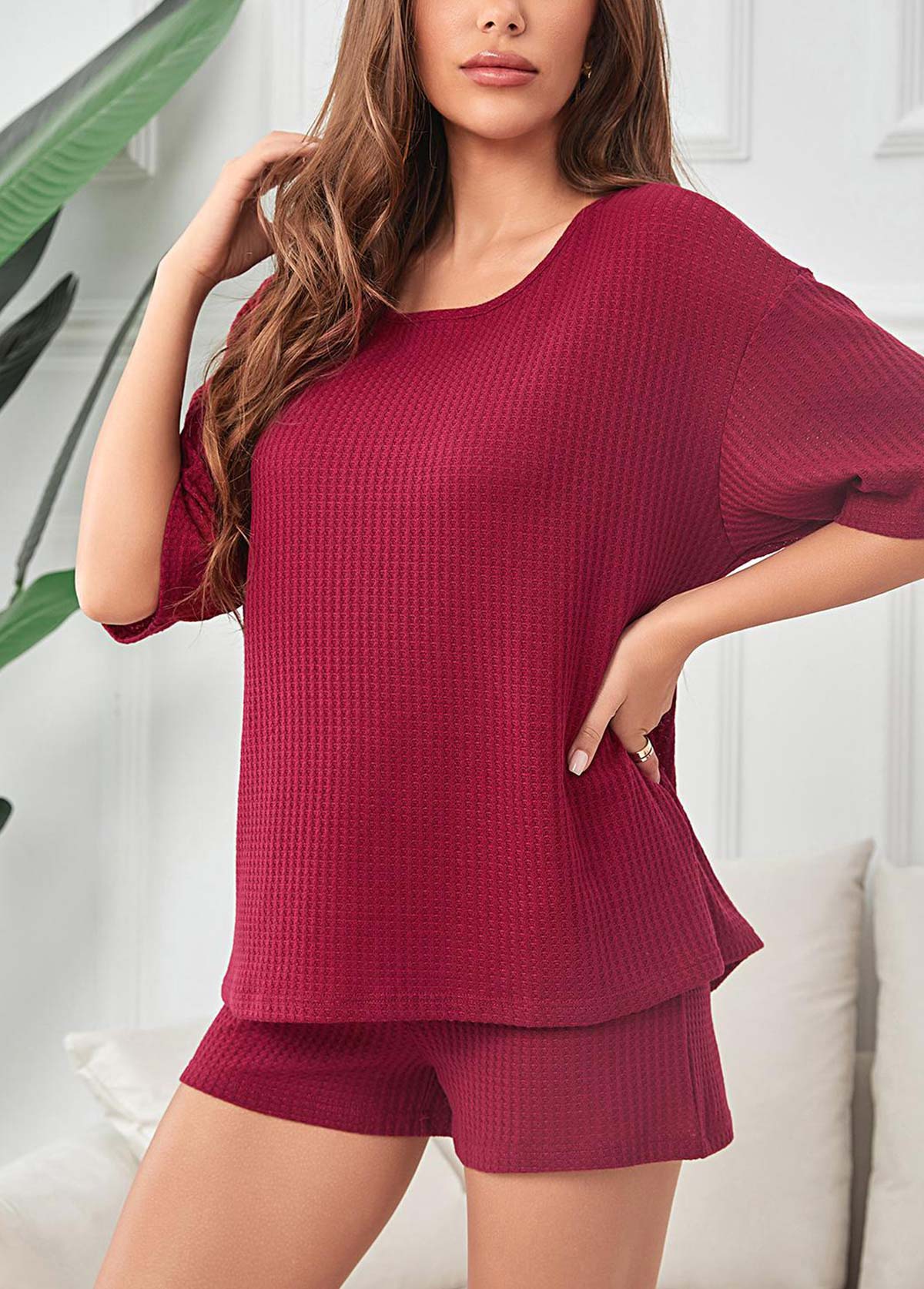Wine Red loungewear,Plain Color loungewear,Wine Red Round Neck Lounge Top and Shorts